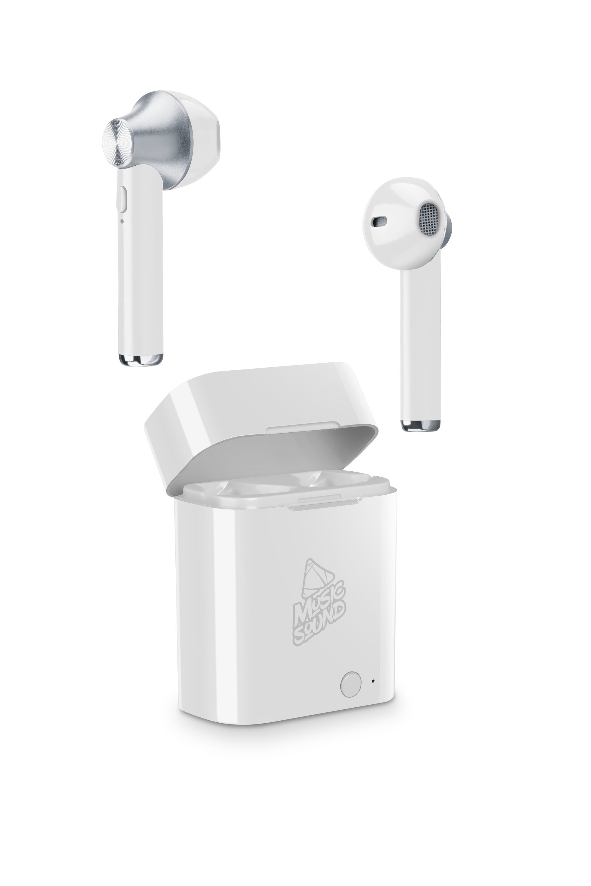 Auricolari bianchi con custodia di ricarica. La custodia è aperta e contiene auricolari.