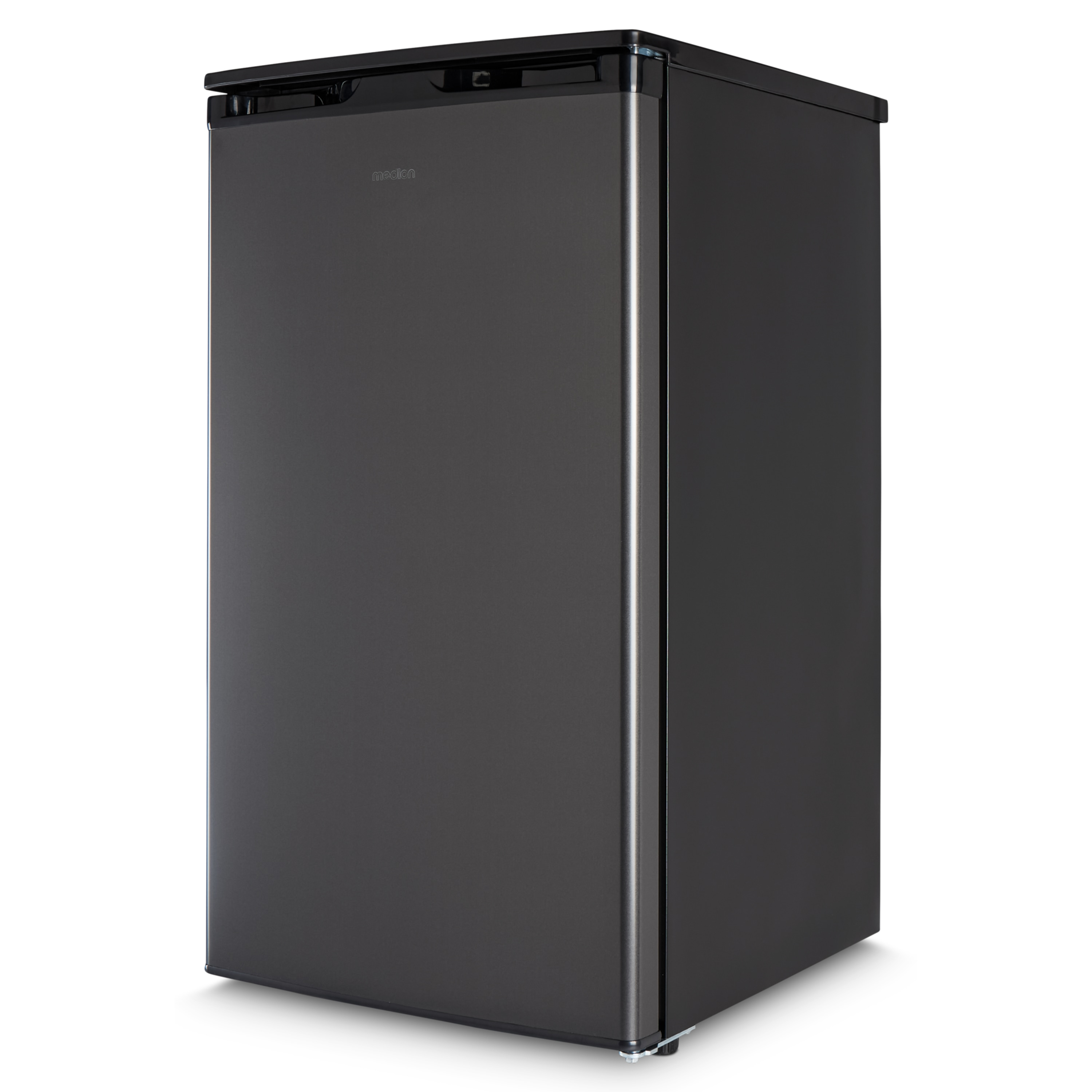 Black mini-fridge with a single door, handle, and a small logo at the top.