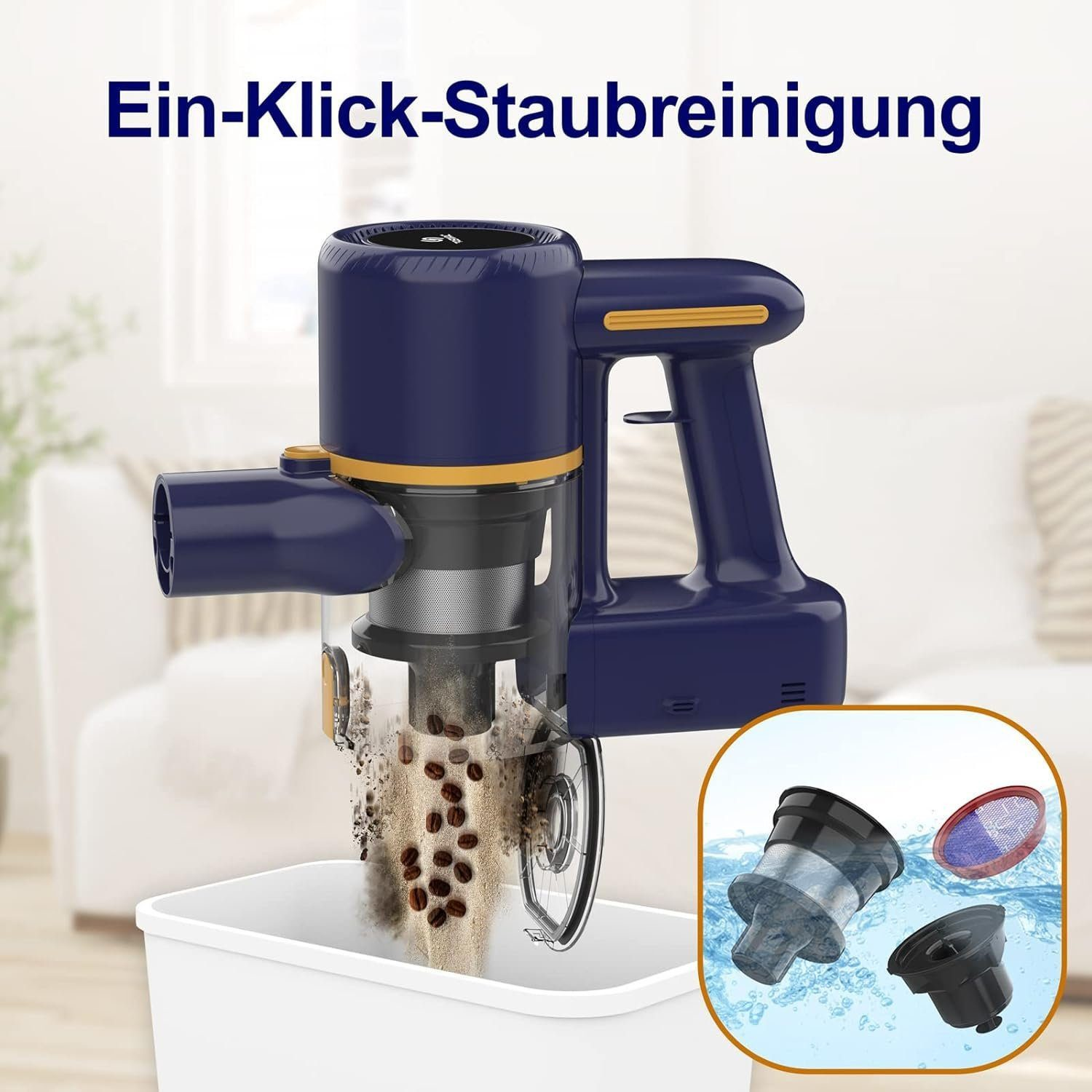 Ein blauer Staubsauger mit einem weißen Behälter, mit dem Text Ein-Klick-Staubreinigung.