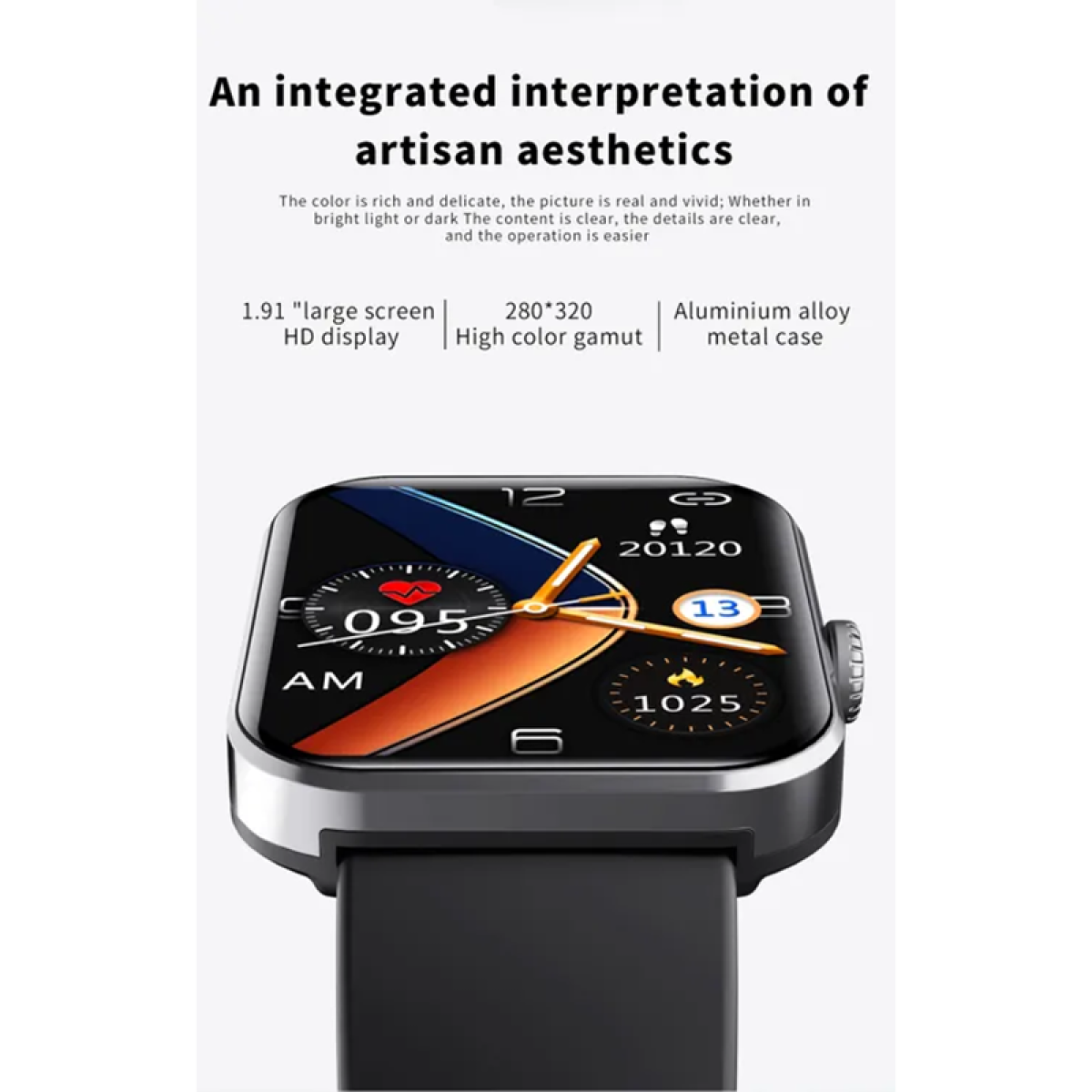 Smartwatch z czarnym paskiem, pokazujący czas i dane.