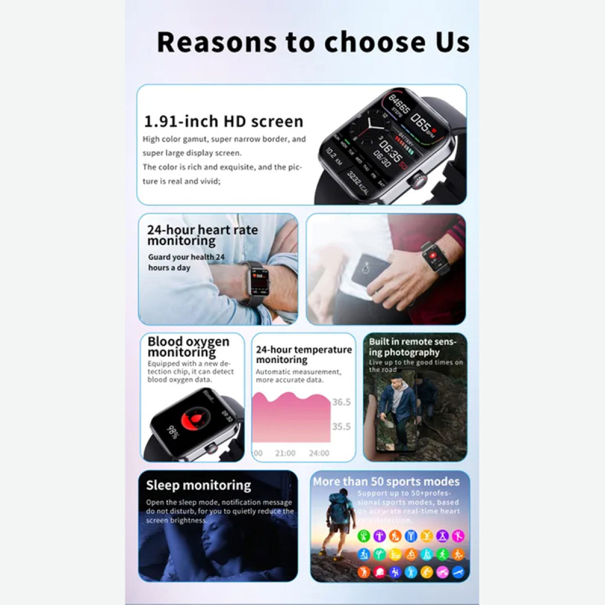 Infografika ze smartwatchem i ikonami, szczegółowo opisująca funkcje takie jak tętno, tlen we krwi i monitorowanie snu.