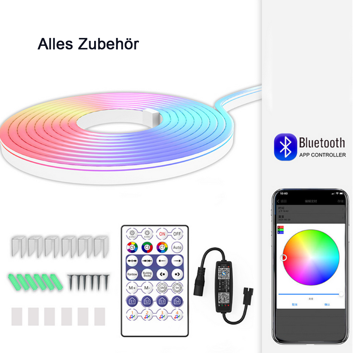 Eine Rolle LED-Lichtstreifen mit Fernbedienung, Controller und Telefonbildschirm mit Farboptionen.
