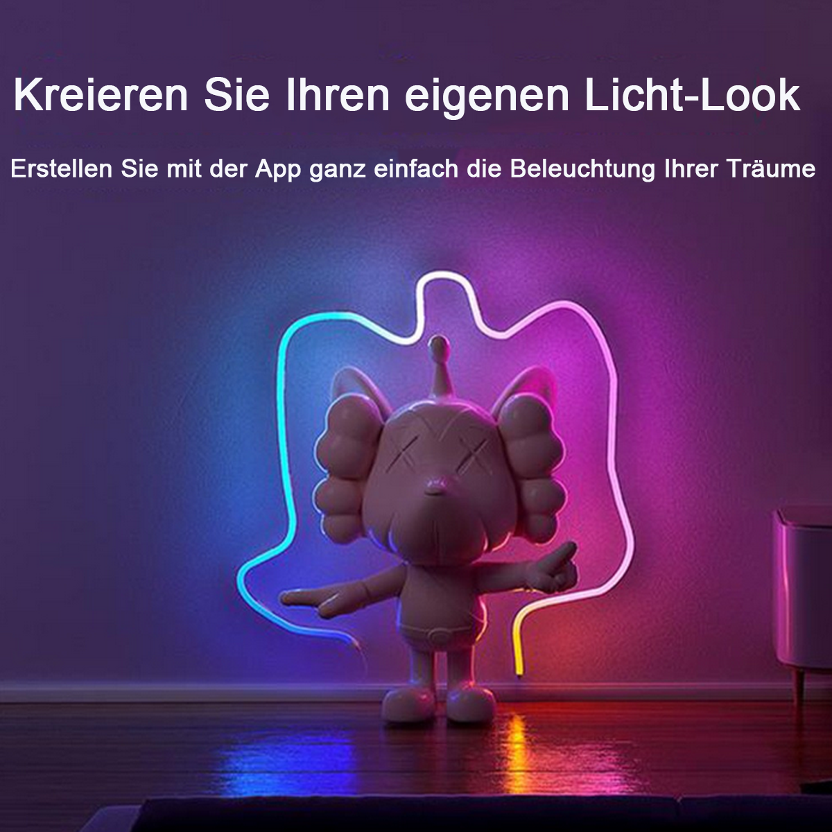 Eine beleuchtete Cartoonfigur mit Neon-Umriss. Der Hintergrund ist eine dunkelviolette Wand.