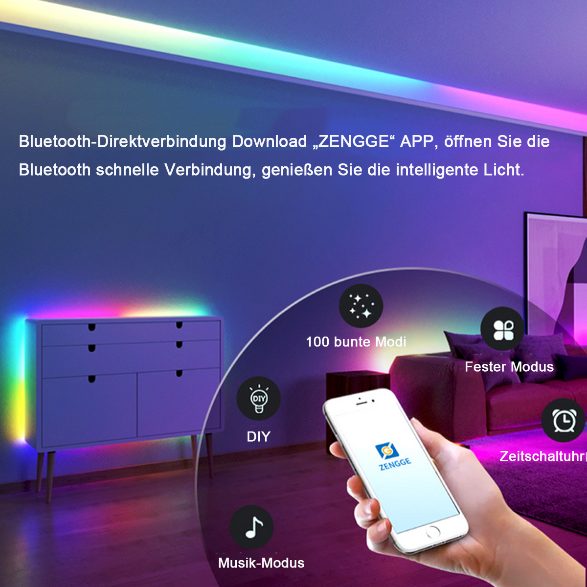 Ein Raum mit einem Streifen farbiger LED-Leuchten und einem Smartphone.