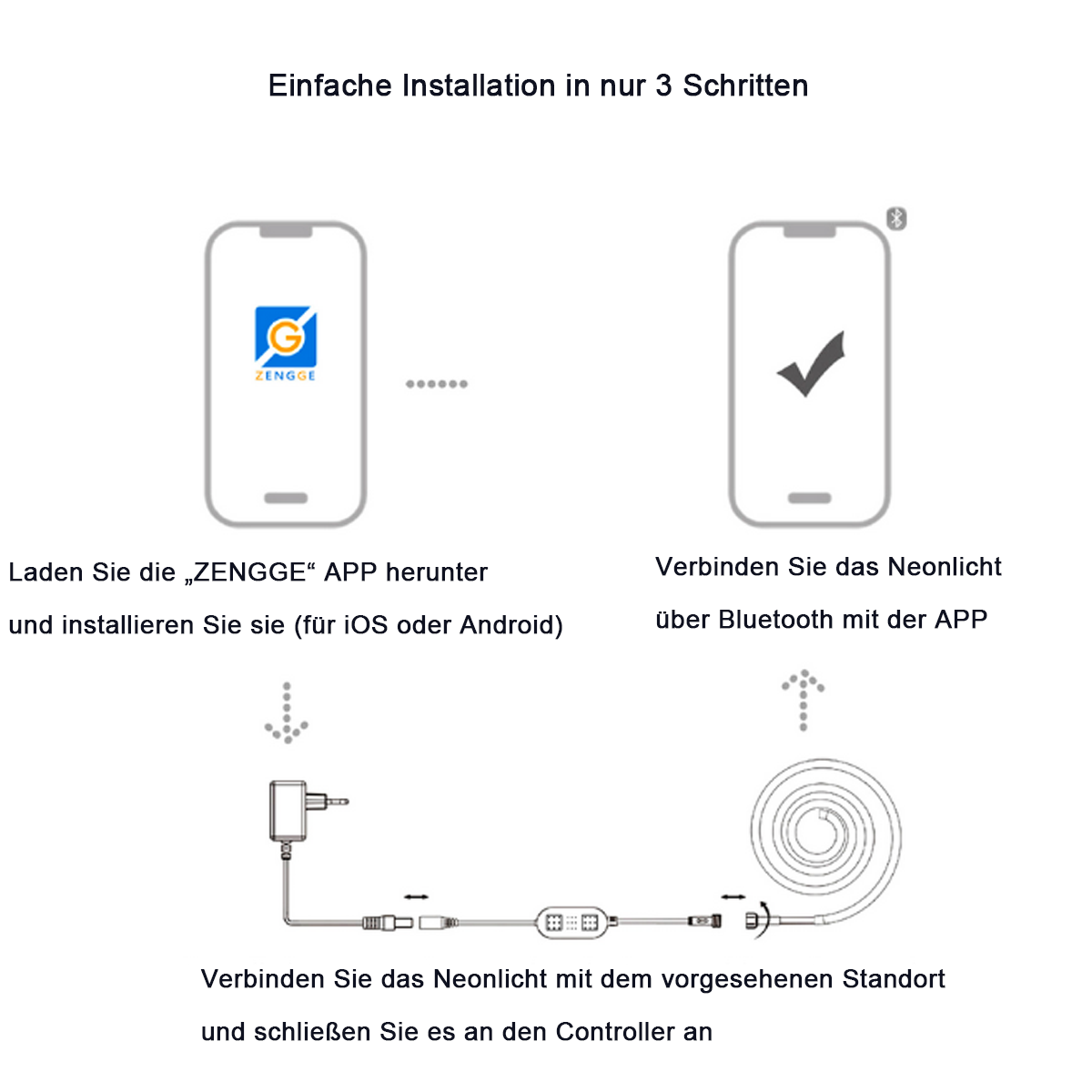 Diagramm zur Einrichtung eines Geräts. Drei Schritte mit deutschem Text, unter Verwendung eines Smartphones.