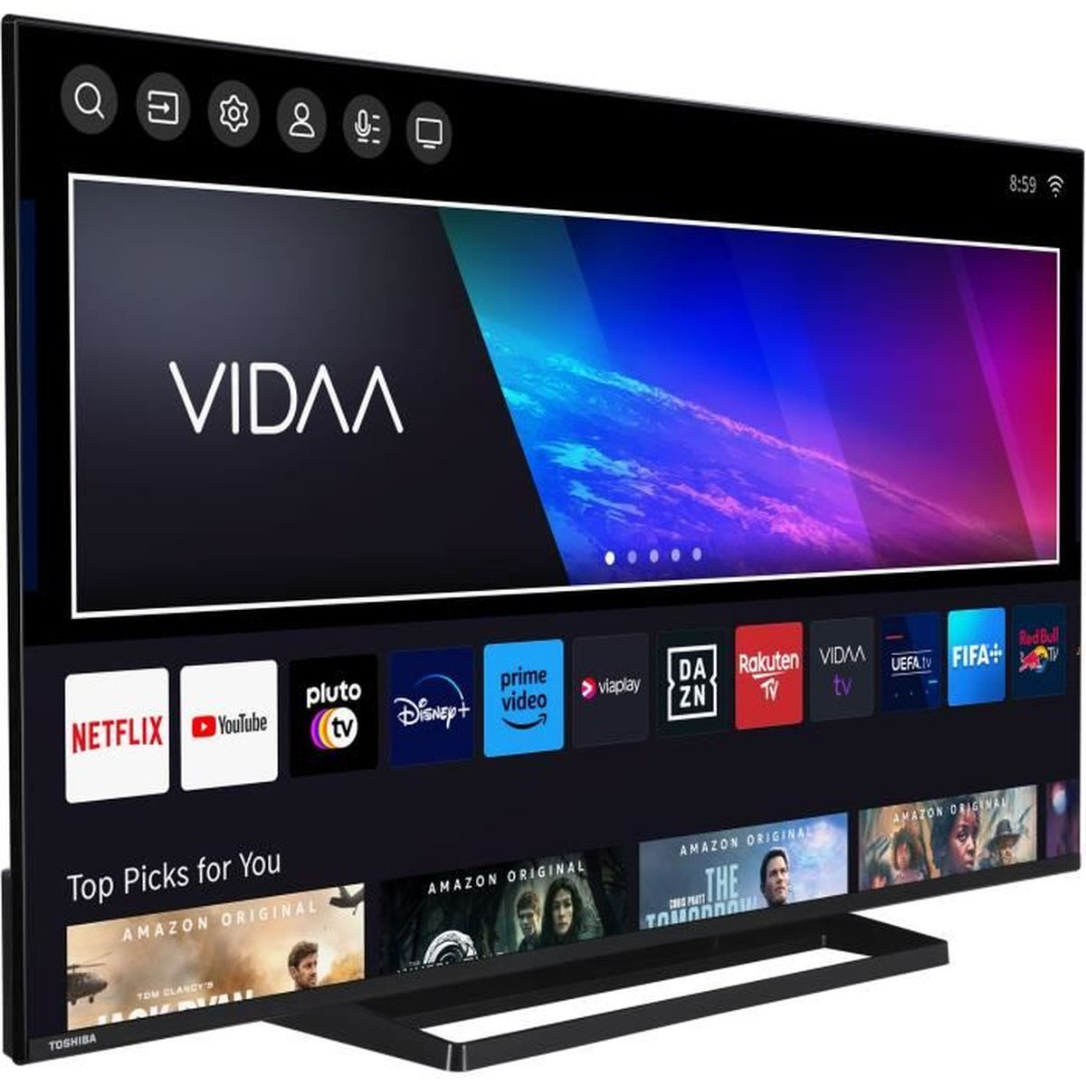 Ein großer TV-Bildschirm mit Streaming-Apps. Der Bildschirm zeigt Netflix, YouTube und andere App-Symbole.