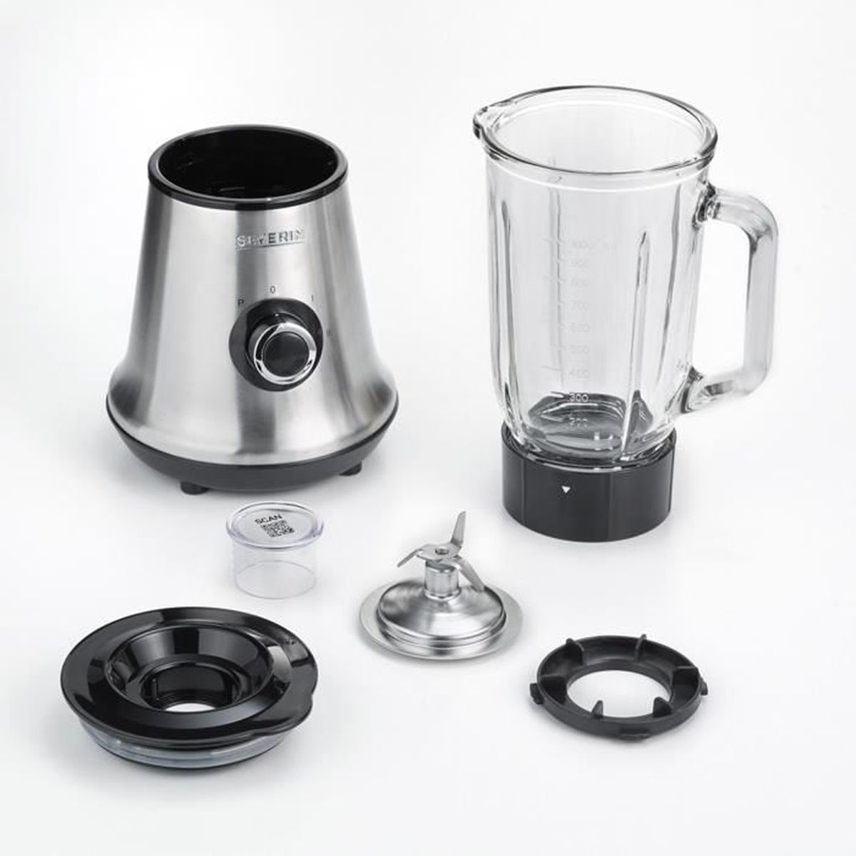Blenderteile: Basis, Glas, Klinge, Deckel und kleiner Becher.