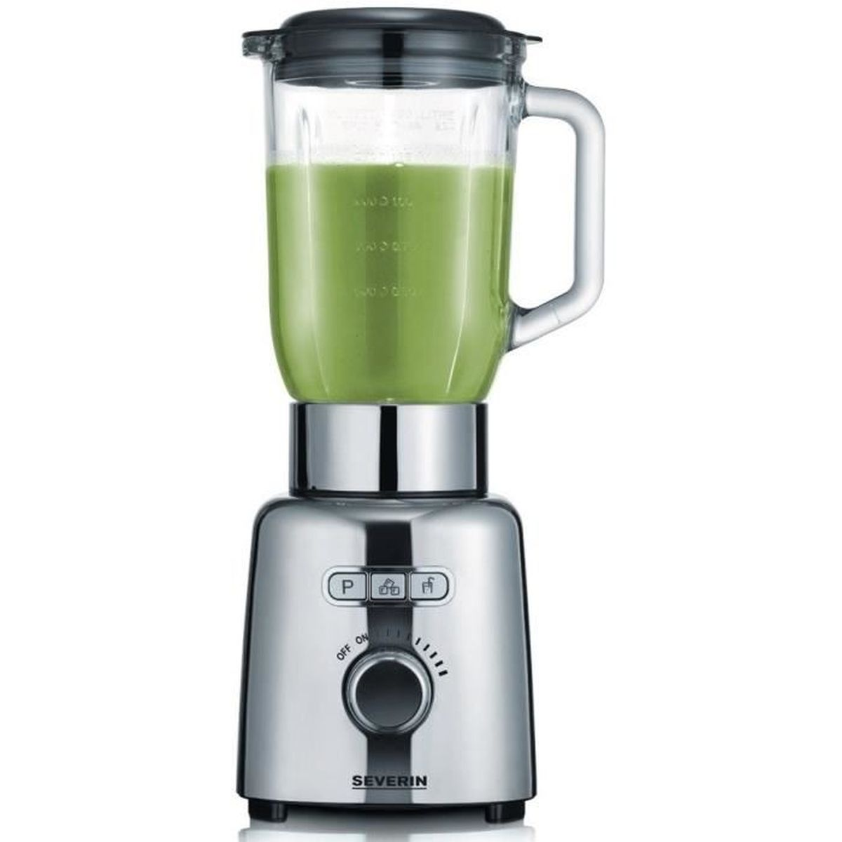 Silver blender with green contents, glass jar, black lid, and buttons.