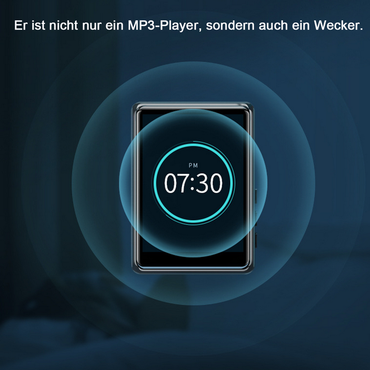 Schwarze Digitaluhr, 07:30, mit blauen Lichtringen.