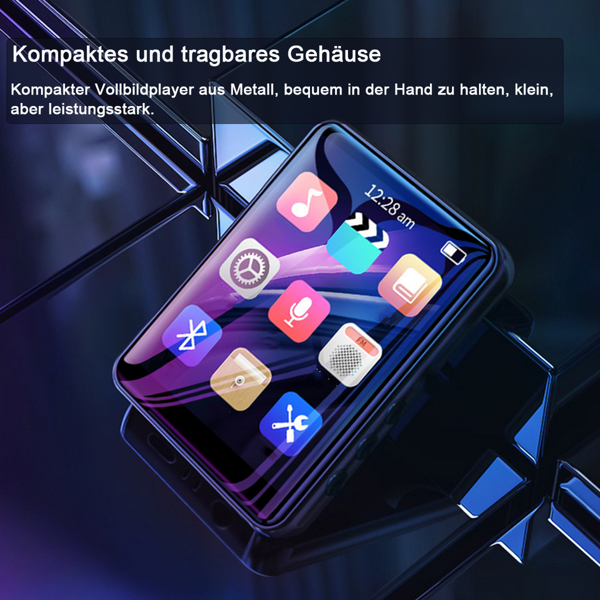 Tragbarer Musikplayer mit Touchscreen, der App-Symbole anzeigt. Metallisch, mit anderen Apps und Text.
