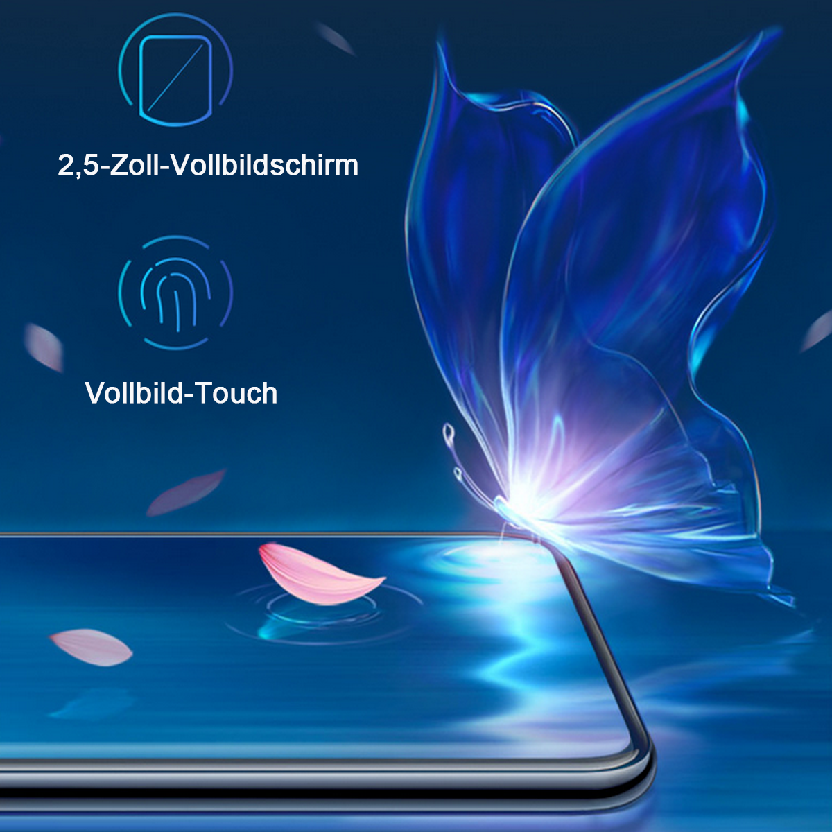 Blaue Schmetterlingsgrafik auf einem Telefonbildschirm, mit Text und Blütenblättern.