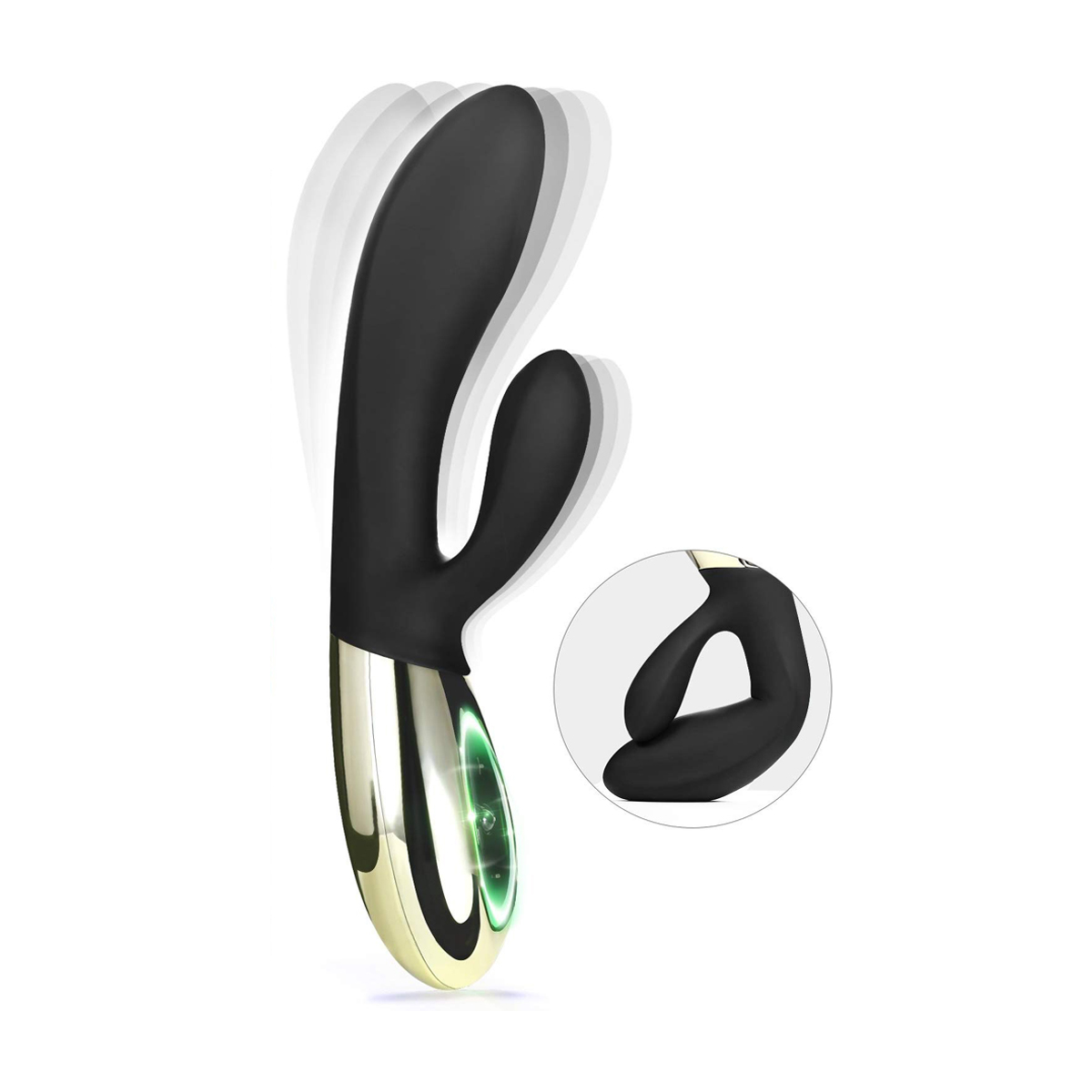 Schwarzer Vibrator mit goldenen Akzenten. Der Vibrator hat eine einzigartige Form, mit Detail.