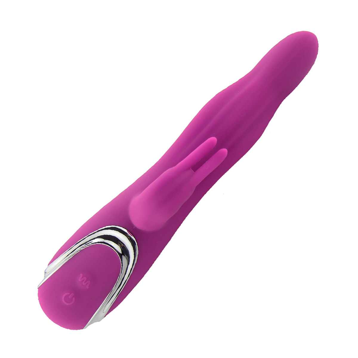 Ein rosa Vibrator mit rundem Kopf und einem kleineren, zweiten Kopf. Silberne Knöpfe an der Basis.
