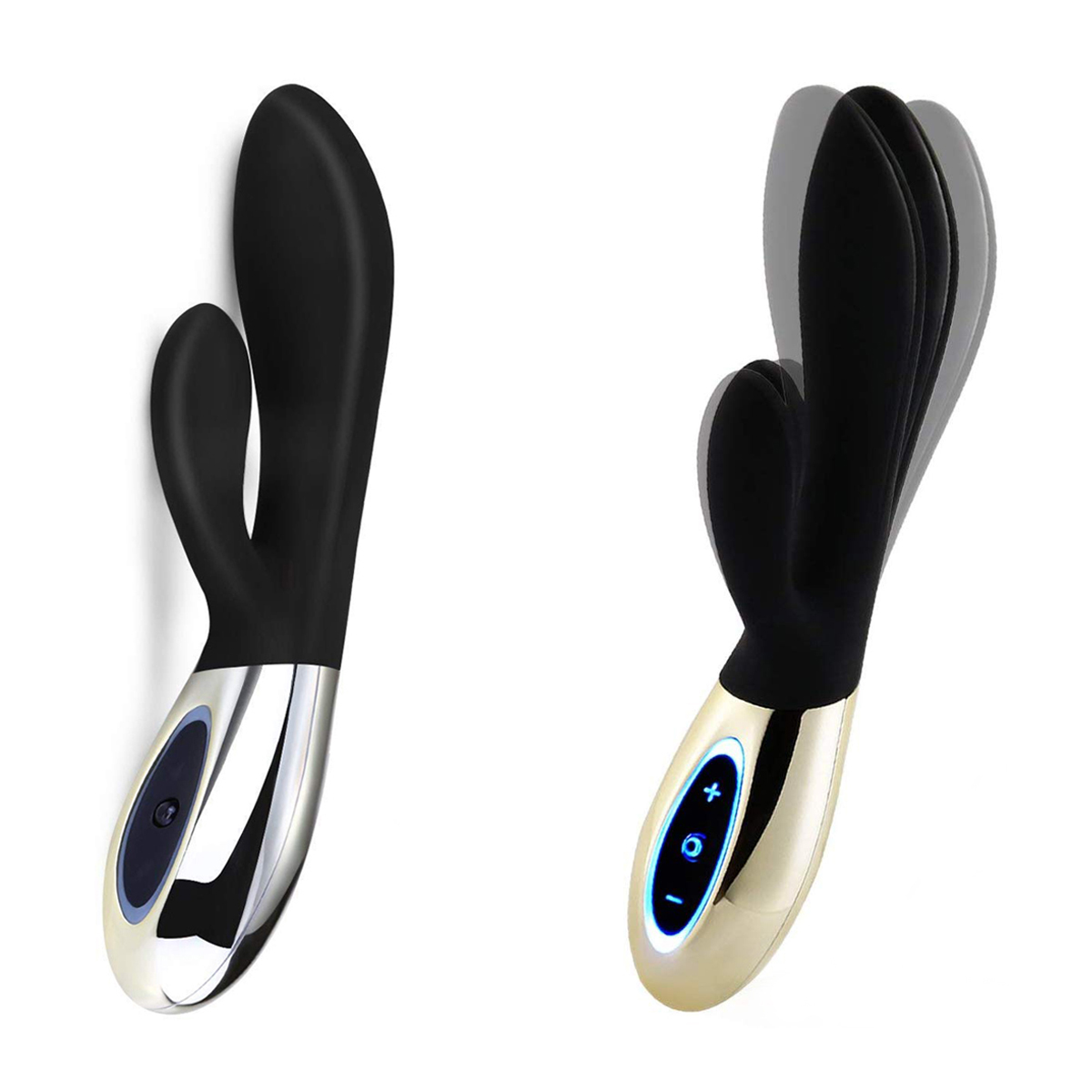 Schwarzer und goldener Vibrator in zwei Positionen, mit Tasten.