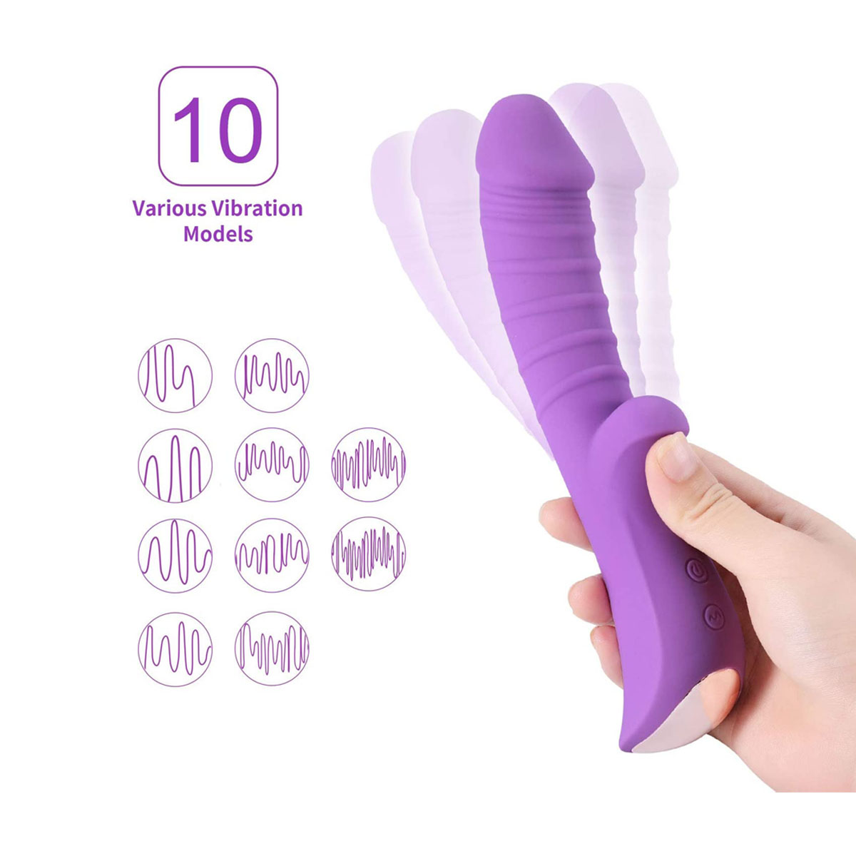 Ein lila Sexspielzeug mit zehn Vibrationsmodi wird von einer Hand gehalten. Weißer Hintergrund.