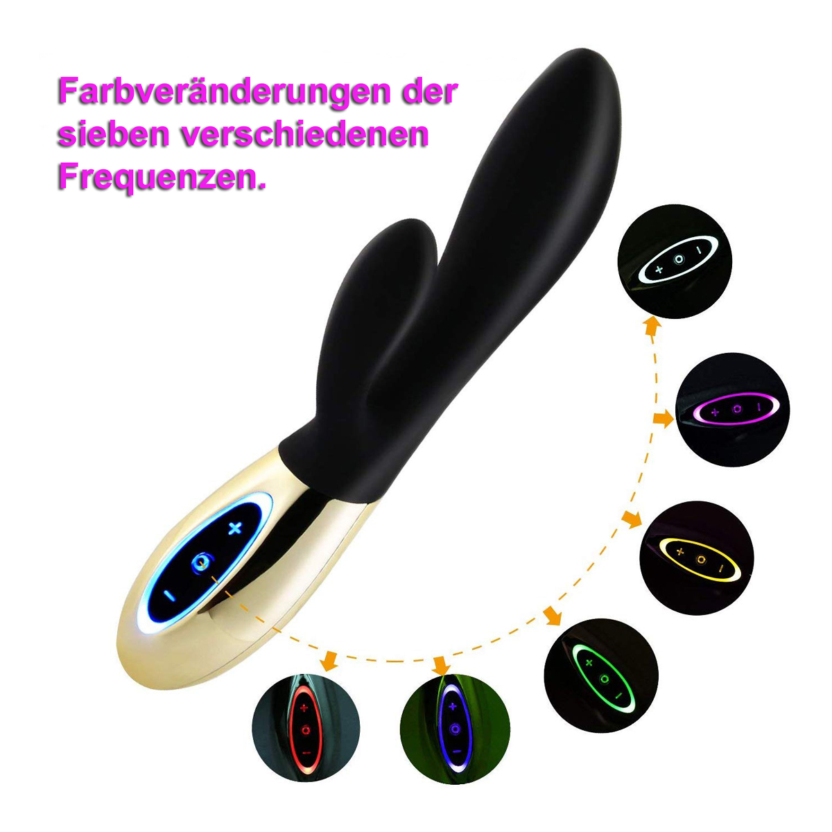 Ein schwarz-goldenes Sexspielzeug mit verschiedenen Leuchtmodi.