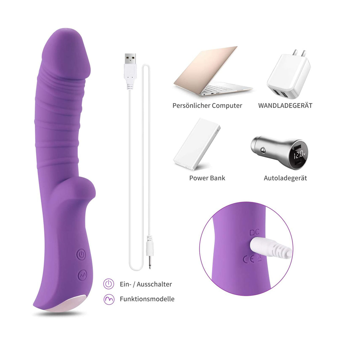 Lila Sexspielzeug mit USB-Kabel, Laptop, Powerbank und Autoladegerät.