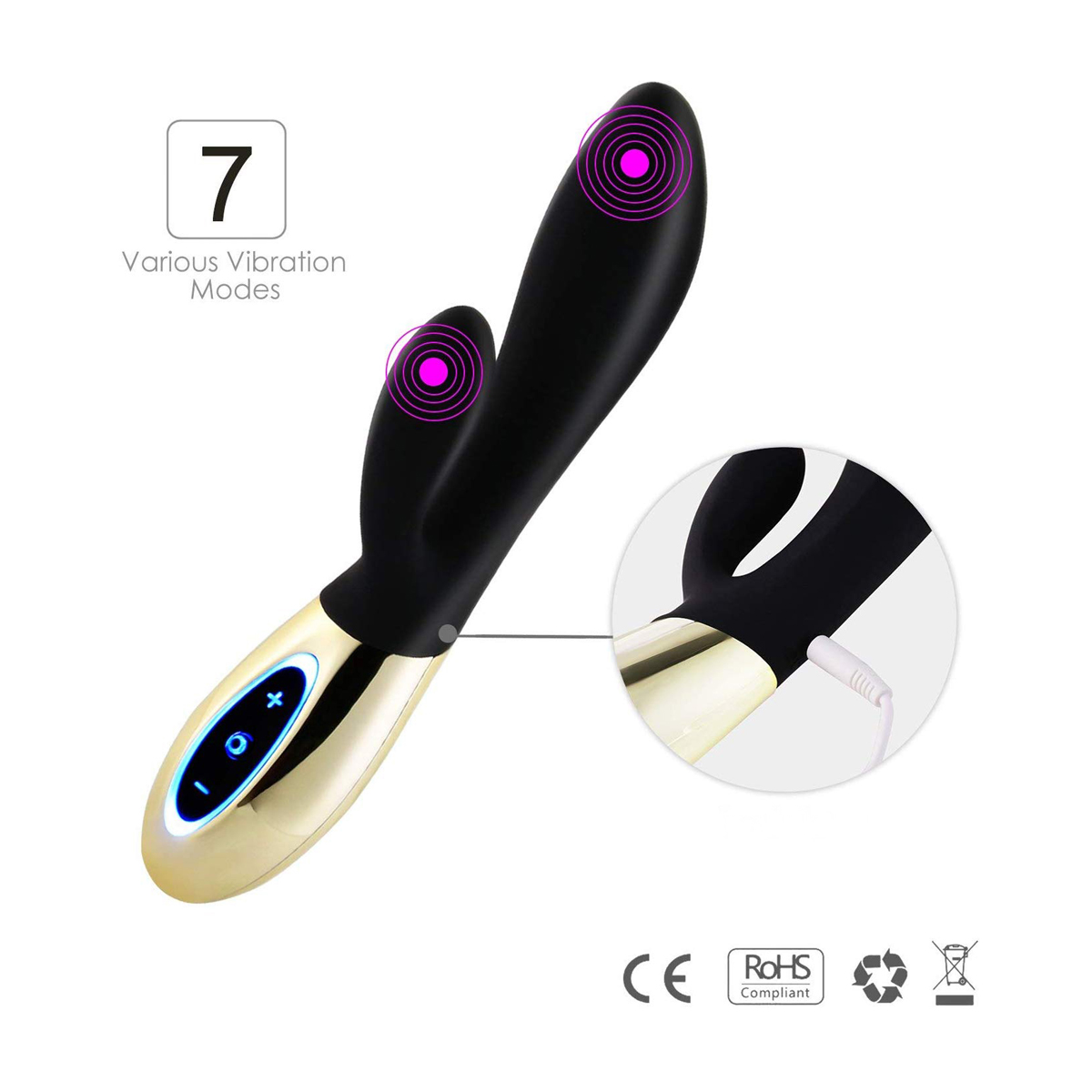Schwarz-goldener Vibrator mit 7 Modi und eine Illustration von Vibrationen.