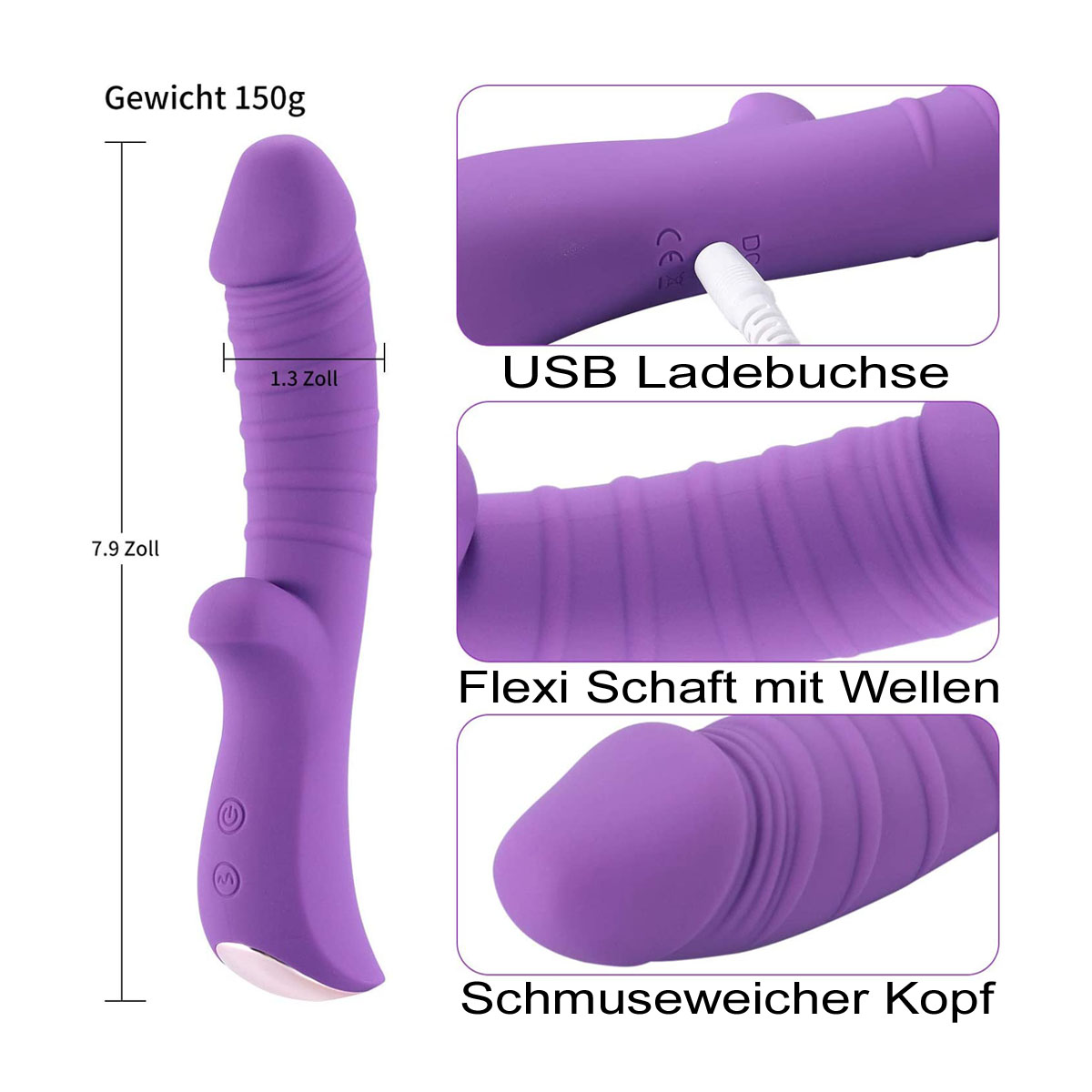Lila Sexspielzeug mit USB-Anschluss und geripptem Schaft. Nahaufnahmen zeigen Details.