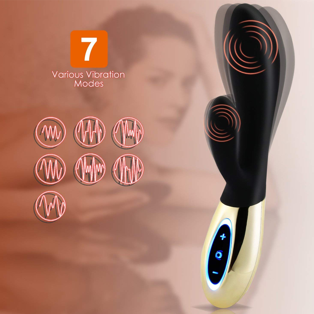 Schwarz-goldener Vibrator mit 7 Modi, Frau im Hintergrund. Orangefarbene Modus-Symbole.