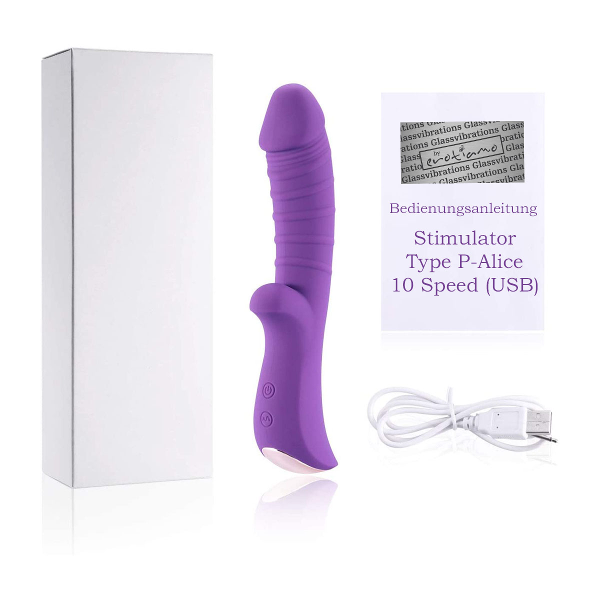 Ein lila Vibrator mit einer weißen Box, einem Anleitungsblatt und einem USB-Kabel.