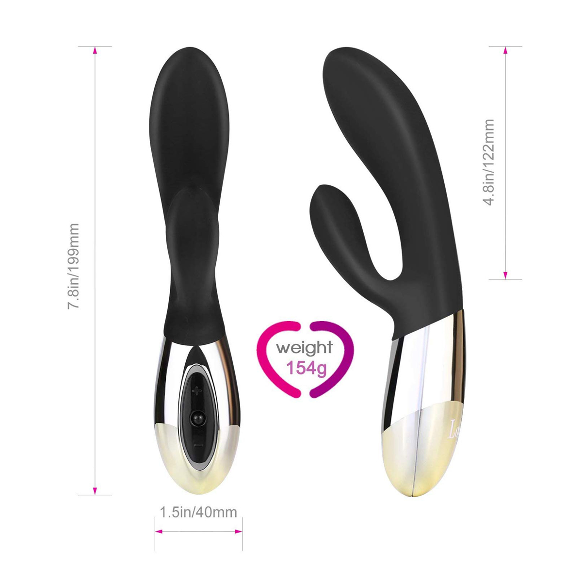 Zwei schwarze Vibratoren, einer mit Abmessungen. Ein Gewicht von 154g wird auf einem rosa Kreis angezeigt.