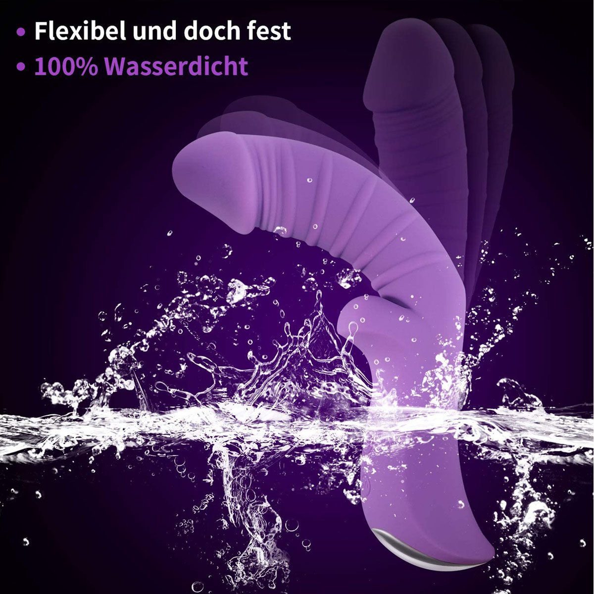 Lila Sexspielzeug im Wasser, schwarzer Hintergrund. Text sagt flexibel und wasserdicht.