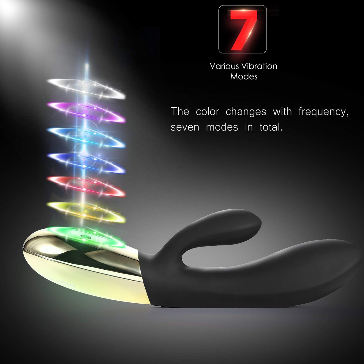 Ein schwarzer Vibrator mit bunten Lichtern und Text über Vibrationsmodi.
