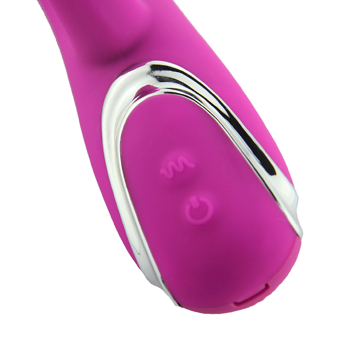 Nahaufnahme eines rosa Vibrators mit silbernen Akzenten und zwei Steuertasten.