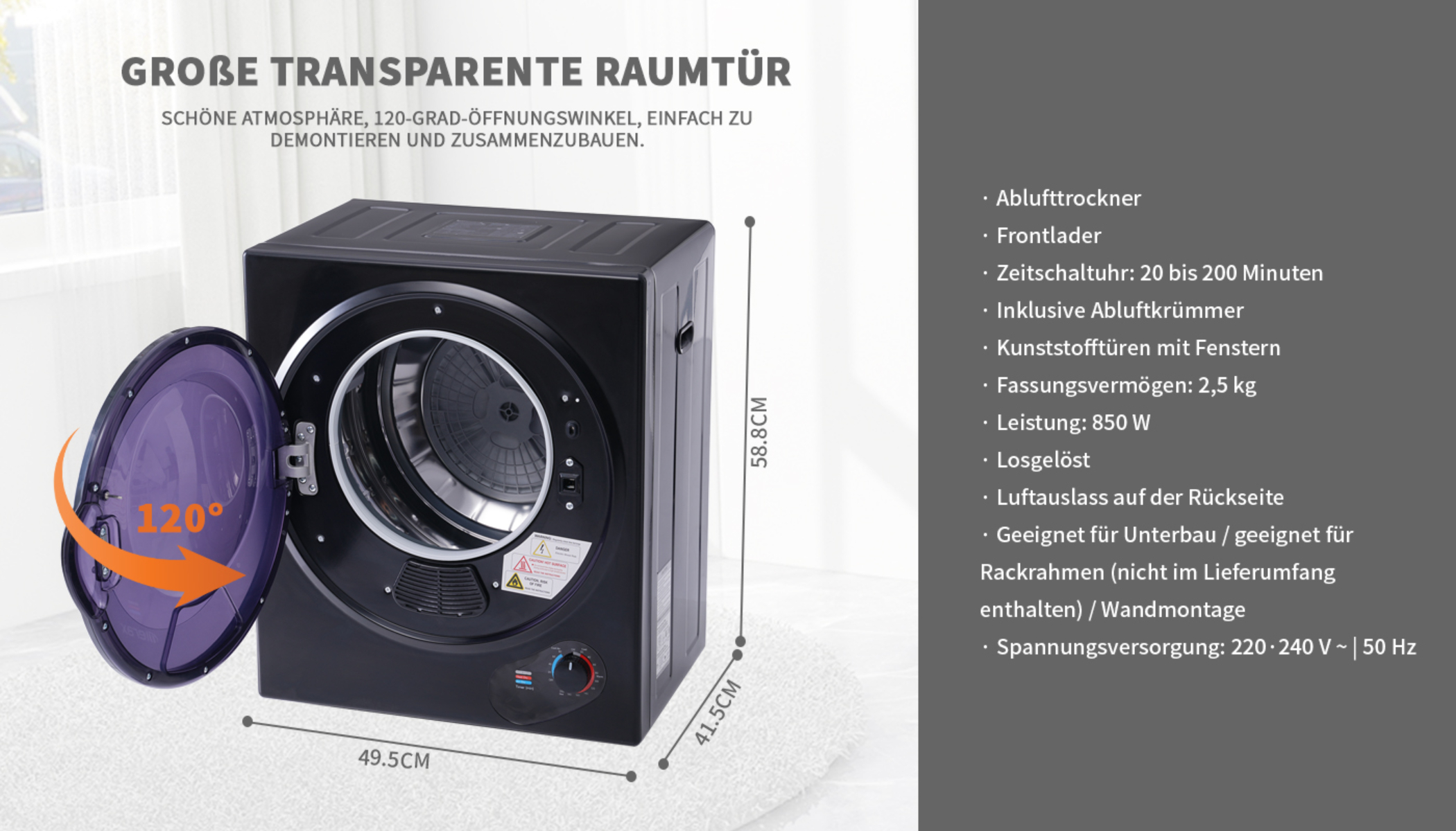Schwarzer Trockner mit offener, lila Tür, Text und Abmessungen vor grauem Hintergrund.