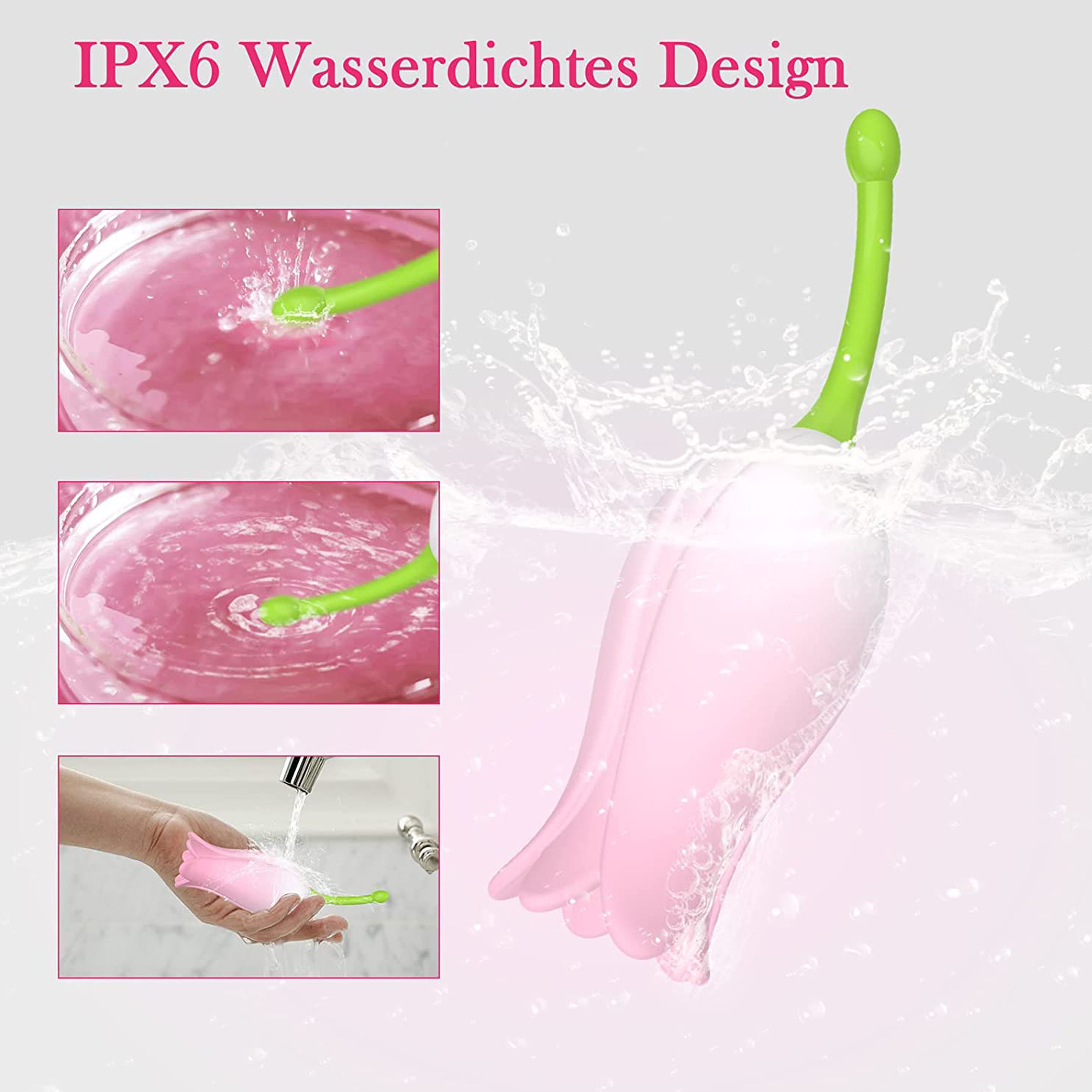 Rosa Sexspielzeug mit grünem Griff, Wasser spritzt herum, und Text.