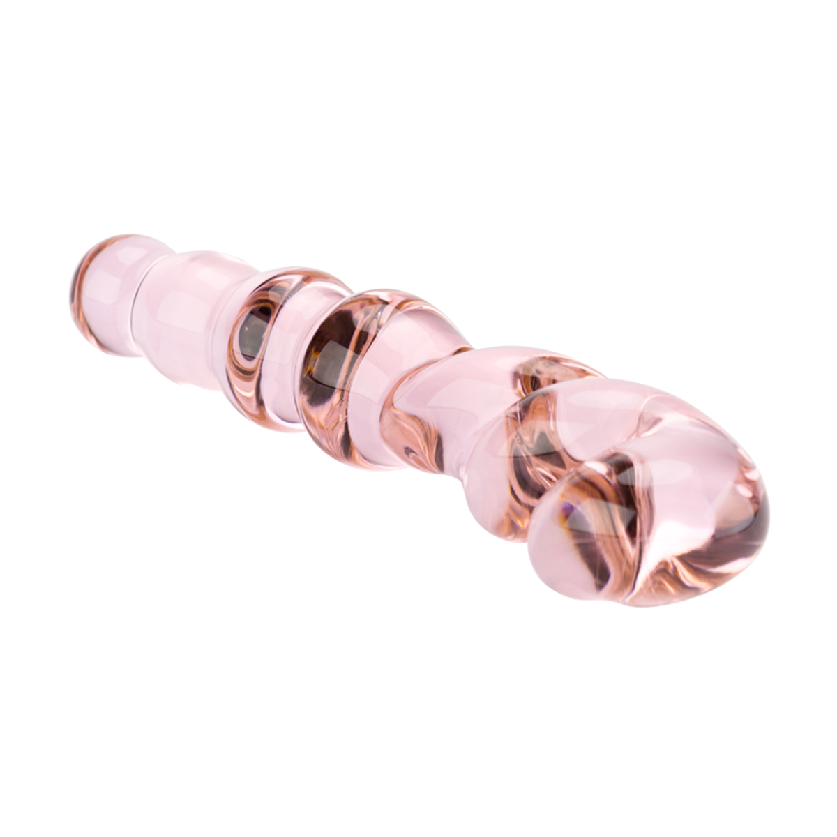 Ein pinkfarbenes Sexspielzeug aus Glas, spiralförmiges Design, auf weißer Oberfläche. Das Spielzeug ist glatt und glänzend.