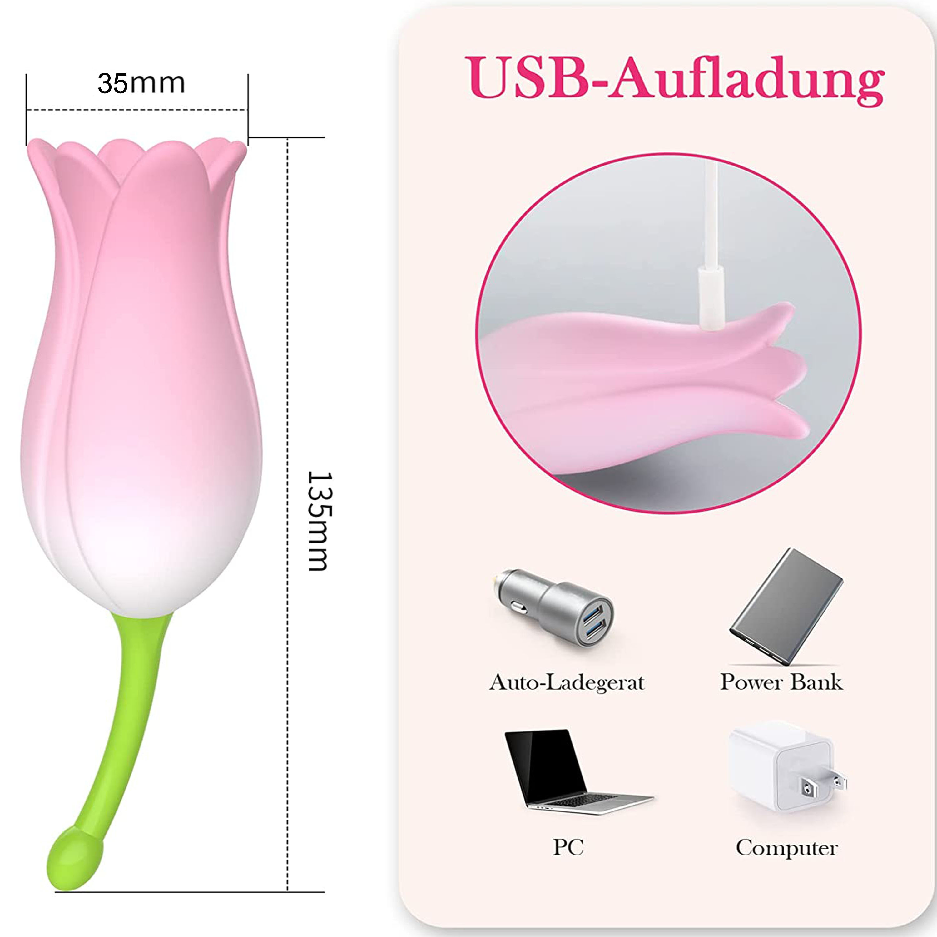 Rosa tulpenförmiges Gerät mit USB-Aufladung und verschiedenen Stromversorgungsoptionen.
