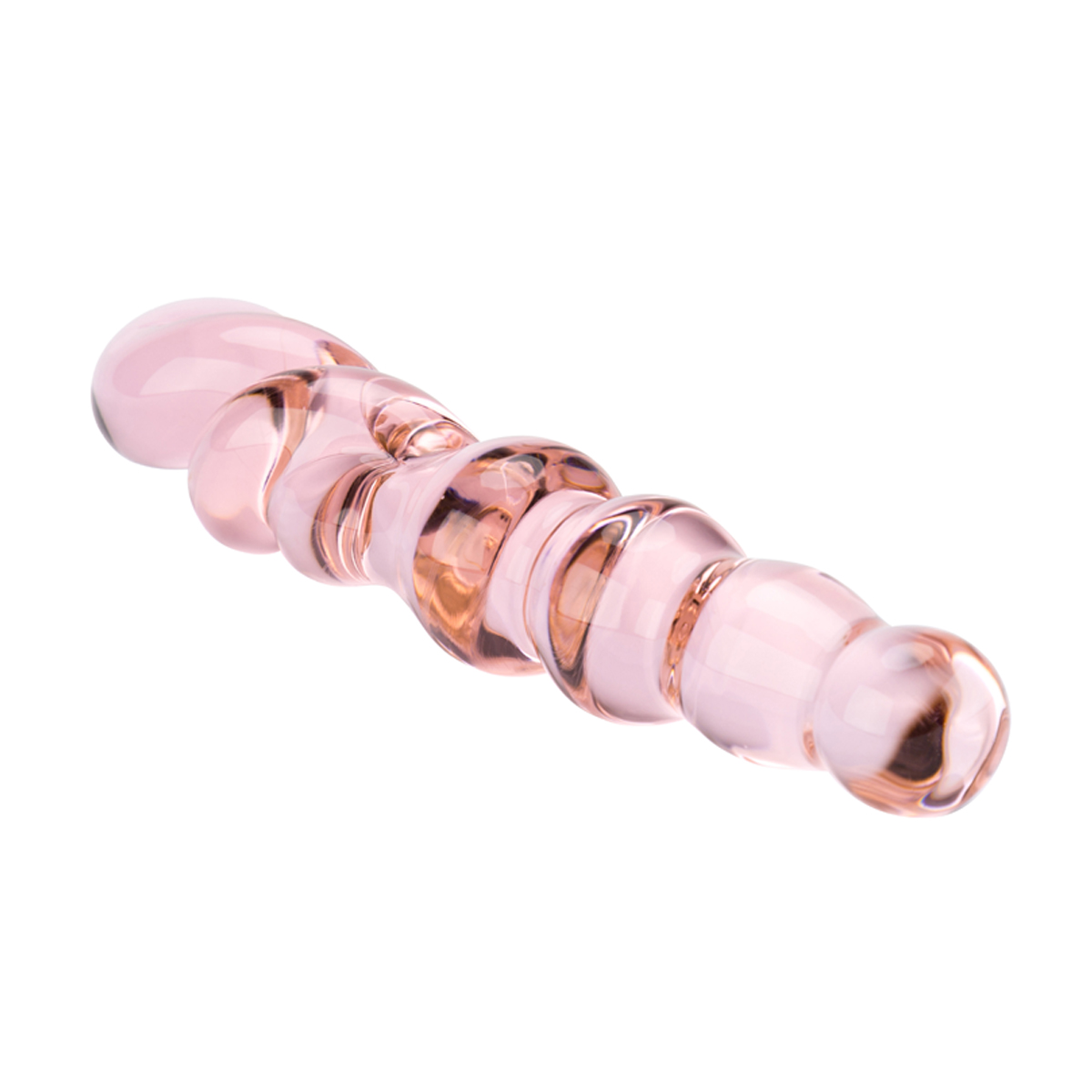 Rosa Sexspielzeug aus Glas mit geriffeltem Design. Isoliert auf weißem Hintergrund. Winkelansicht.