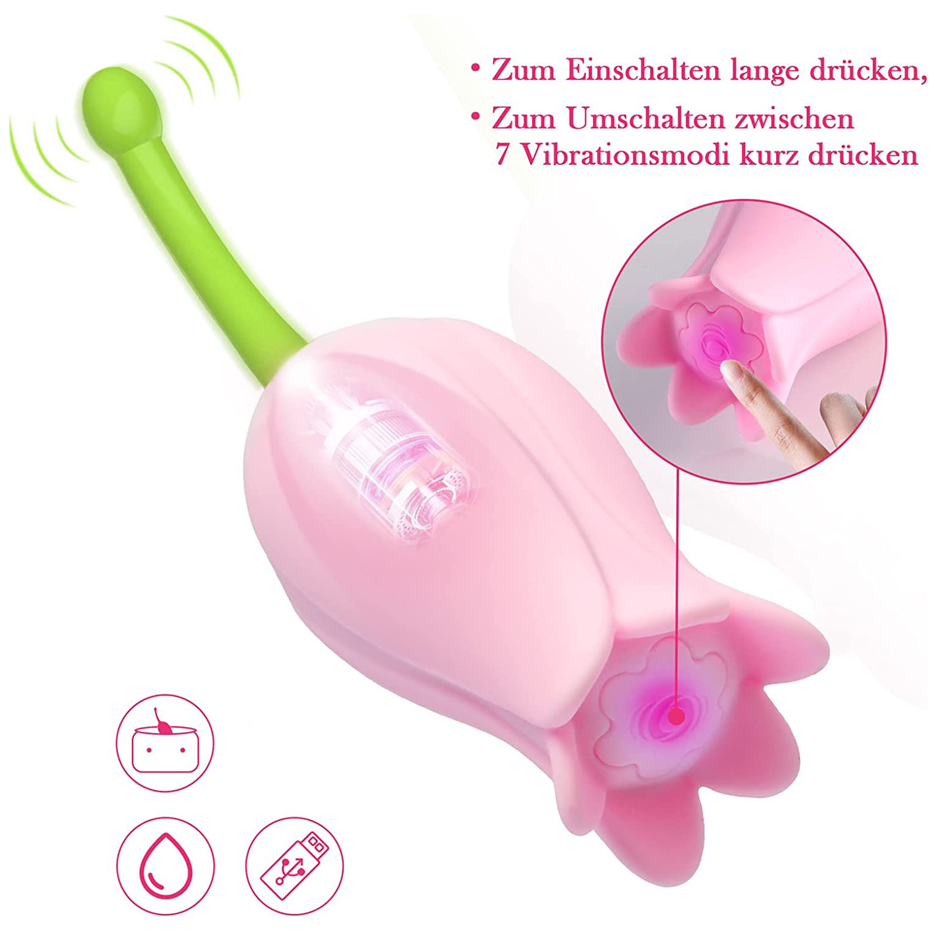 Ein pinkfarbener, blütenförmiger Vibrator mit grünem Stiel und leuchtenden Blütenblättern.