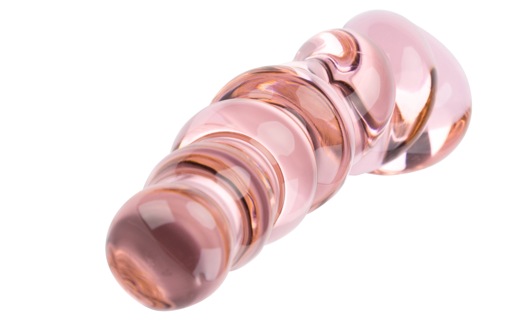 Ein rosa Sexspielzeug aus Glas mit gerilltem Design. Es ist auf weißem Hintergrund.