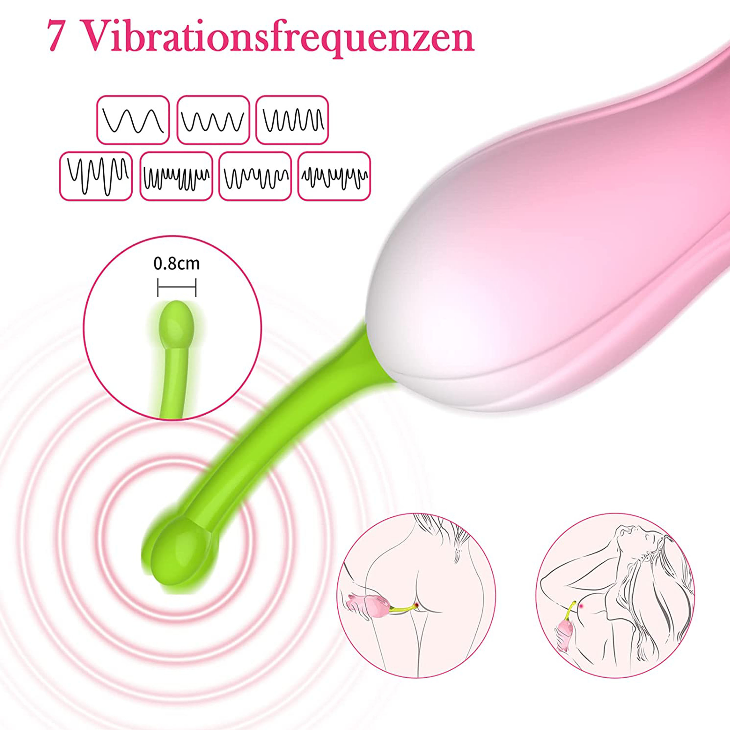 Rosa Sexspielzeug mit 7 Vibrationseinstellungen und Illustrationen.