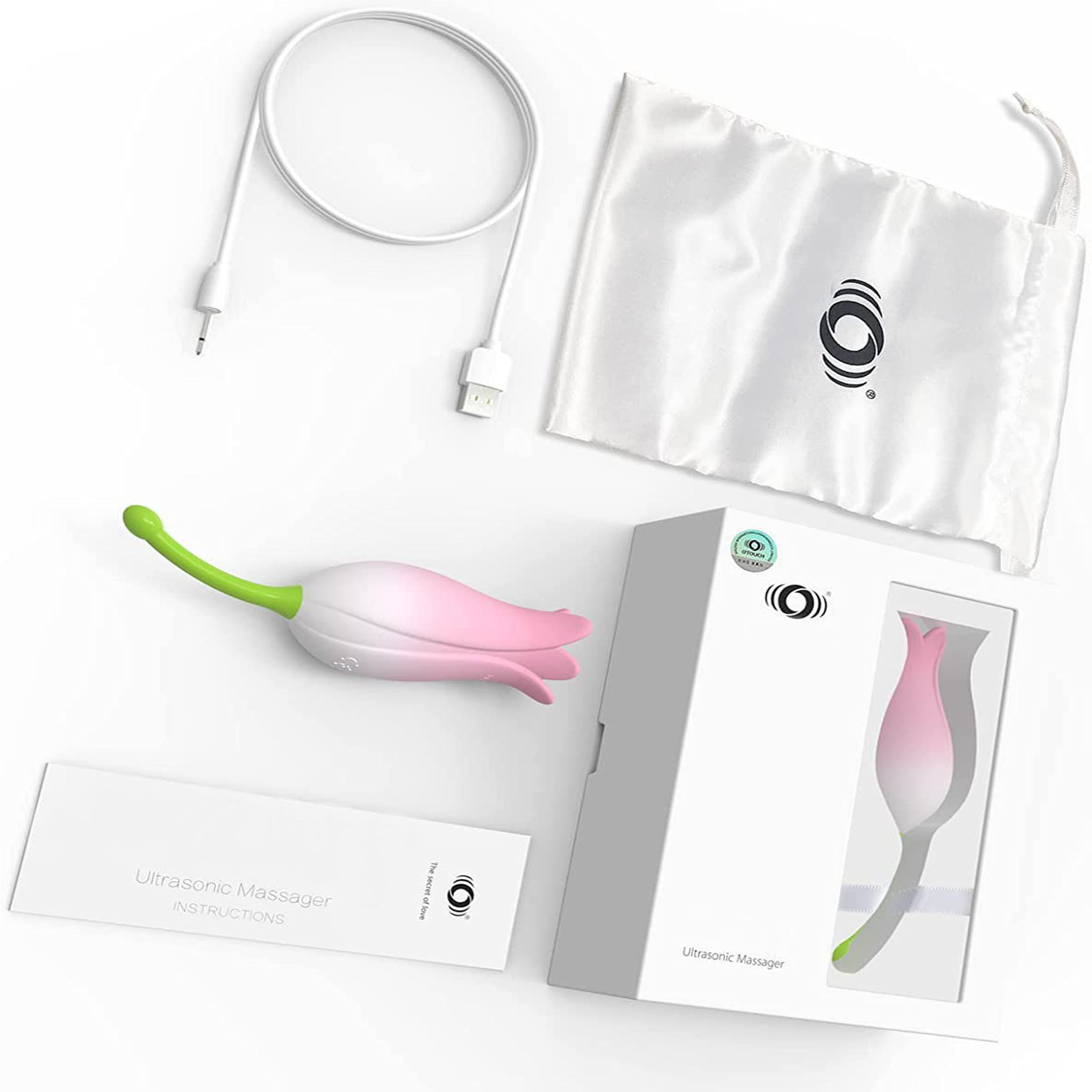 Ein rosa-grüner Vibrator, Anweisungen, eine weiße Tasche und eine Box.