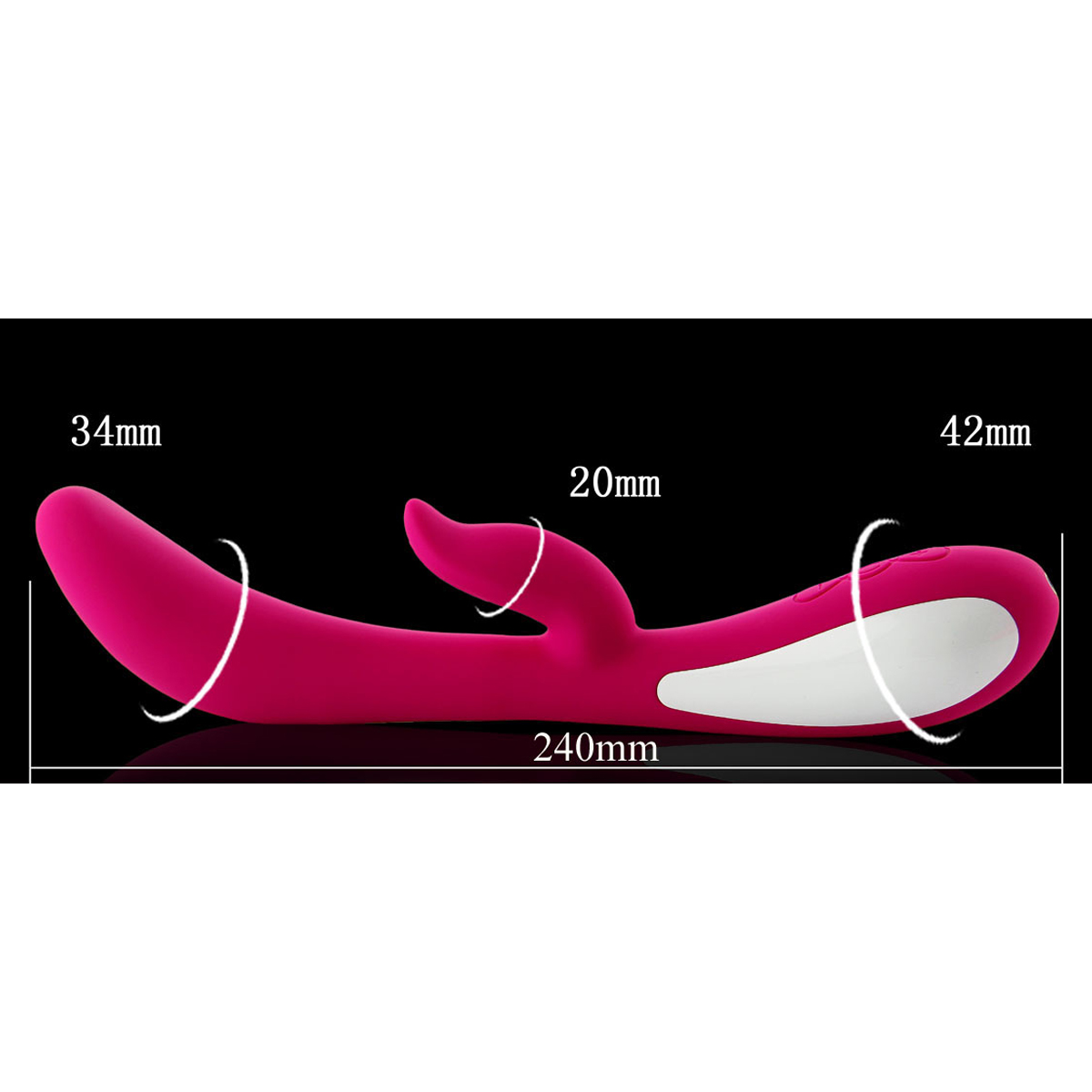 Rosa Sexspielzeug mit Maßangaben: 34 mm, 20 mm, 42 mm und 240 mm.