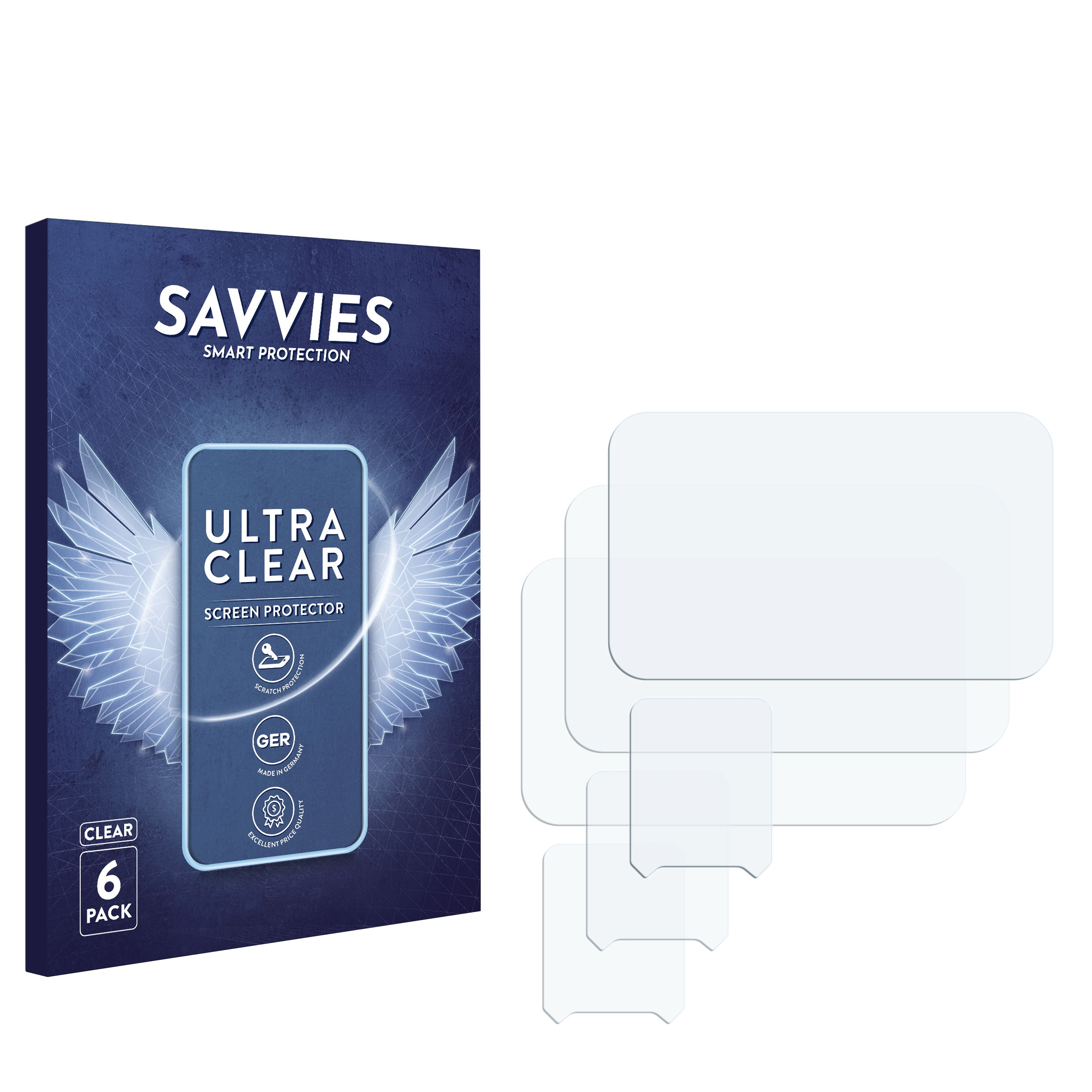 Schutzfolienbox und Displayschutzfolien. Box zeigt Design eines Telefons.