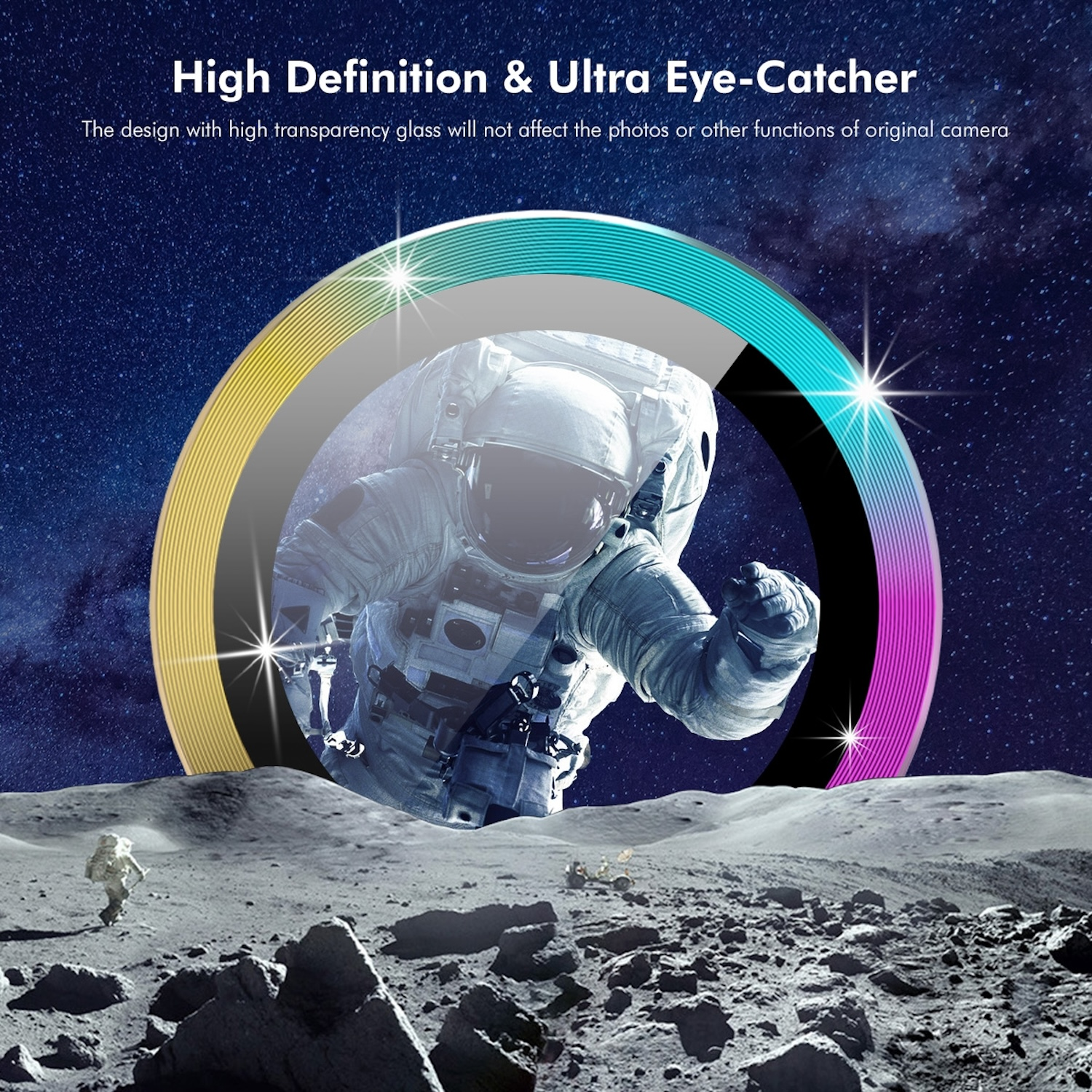 Ein Astronaut auf dem Mond, durch eine Linse mit bunten Ringen, vor Sternenhimmel.