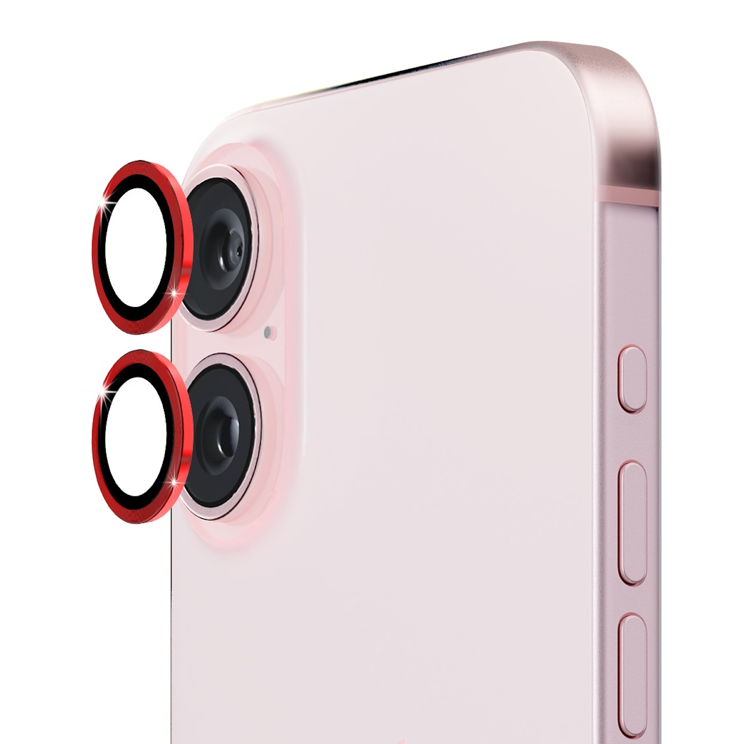 Primo piano di un telefono rosa con protezione dell'obiettivo, anello rosso attorno alle lenti.