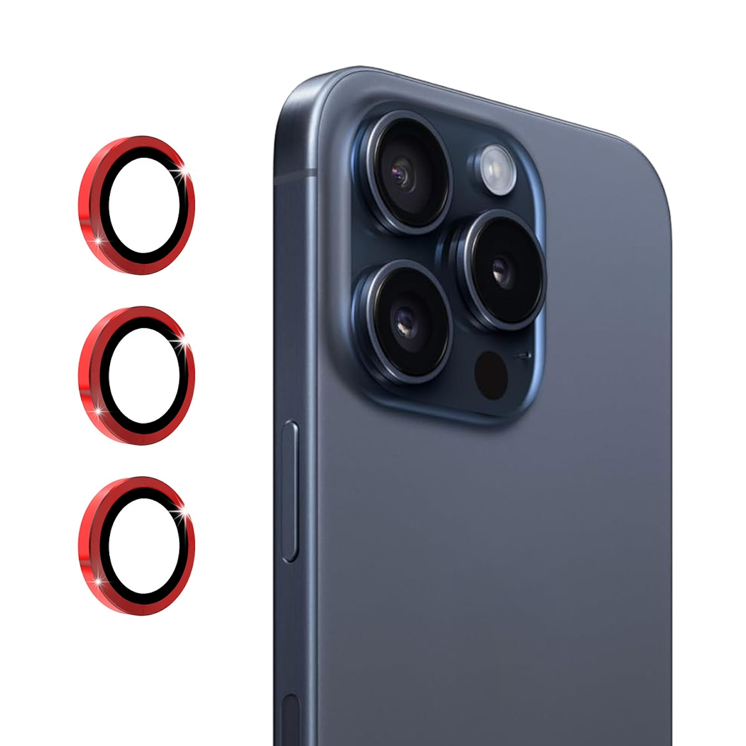 Telefono con lenti della fotocamera e protezioni rosse. Tre cerchi rossi a sinistra del telefono.