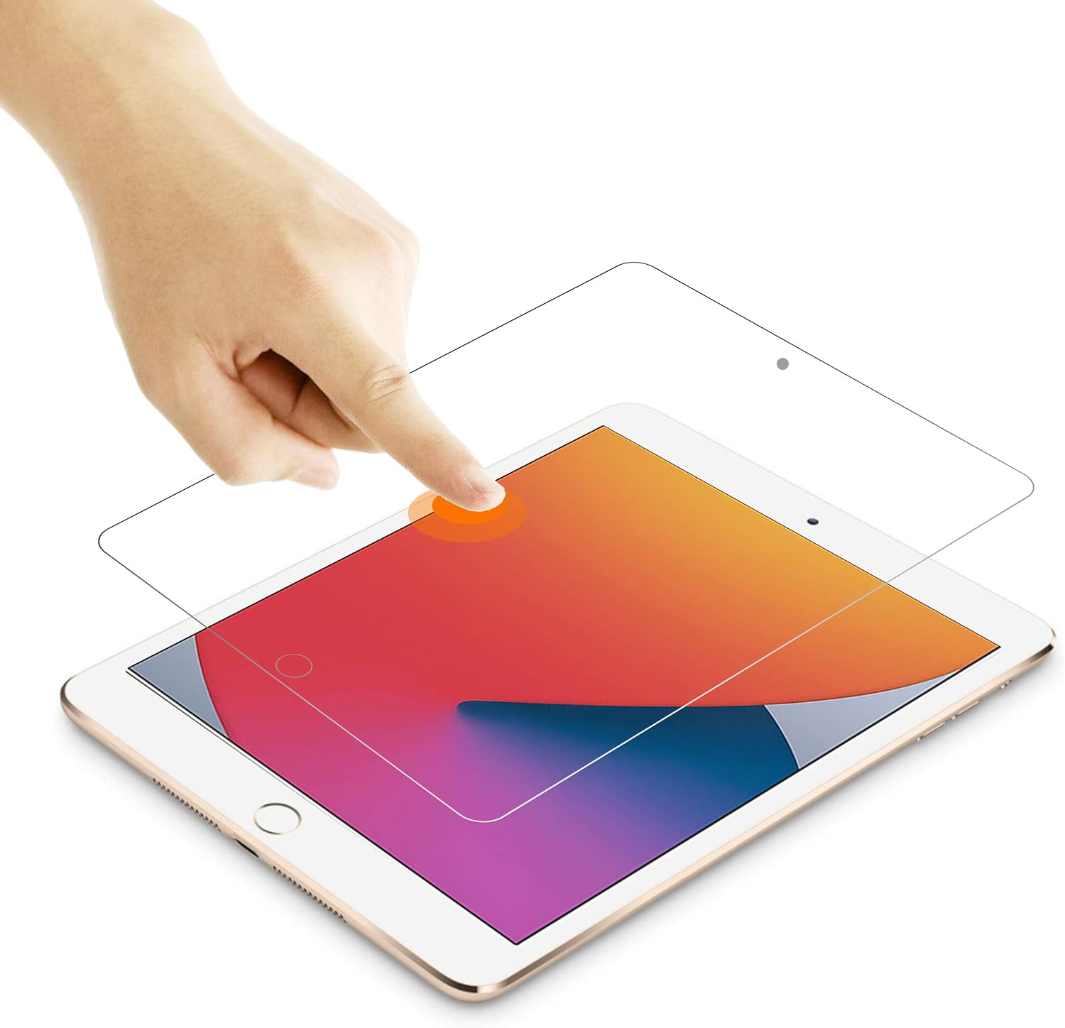 Hand berührt Tablet-Bildschirm mit Displayschutz. Oranger Kreis zeigt die Berührung an.