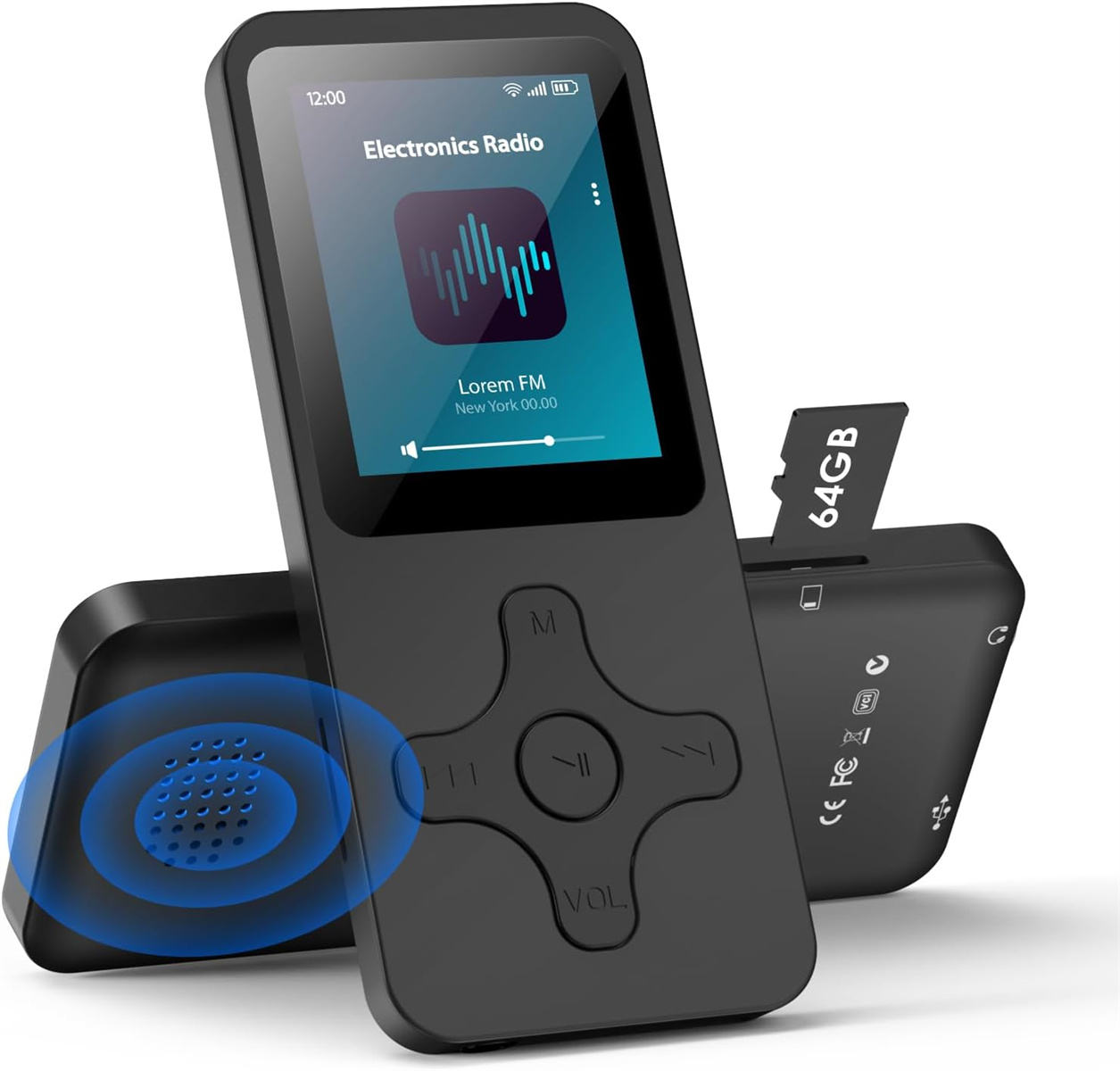 Schwarzer MP3-Player mit Bildschirm, der eine Radio-App anzeigt. Eine 64GB-Karte ist an der Seite.