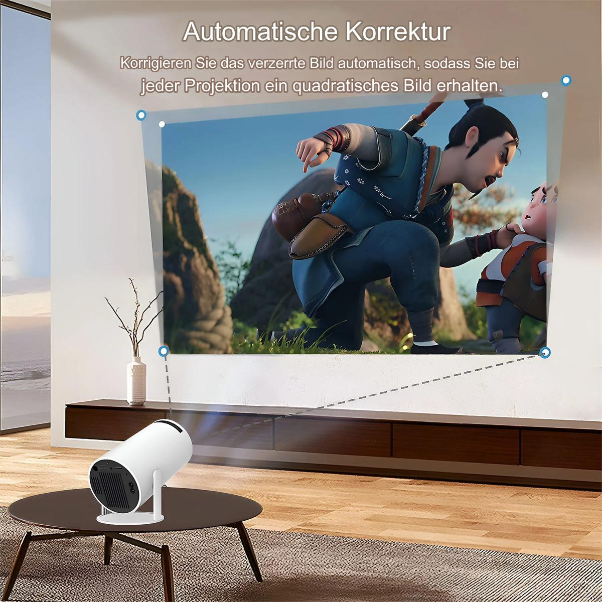 Ein Projektor zeigt einen Cartoon an der Wand. Ein weißer Projektor steht auf einem Tisch. Text: Automatische Korrektur.