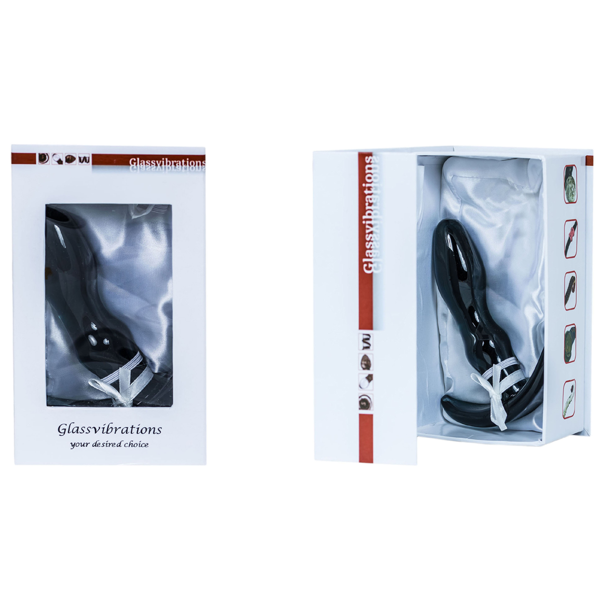 Schwarzes Sexspielzeug in einer Box. Weißer Hintergrund und Text. Schwarze Box.