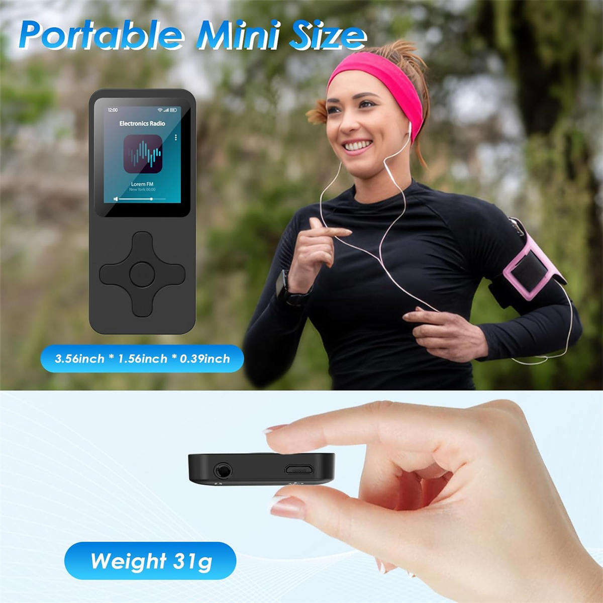 Frau, die mit Mini-MP3-Player und Kopfhörern läuft, Gerätegrößenangaben und Gewicht.