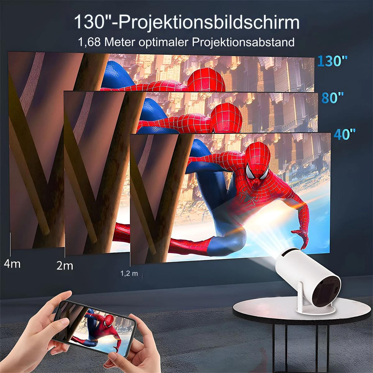 Projektionsbildschirm-Setup, mit Telefon, das Spider-Man zeigt, auf einem Tisch.