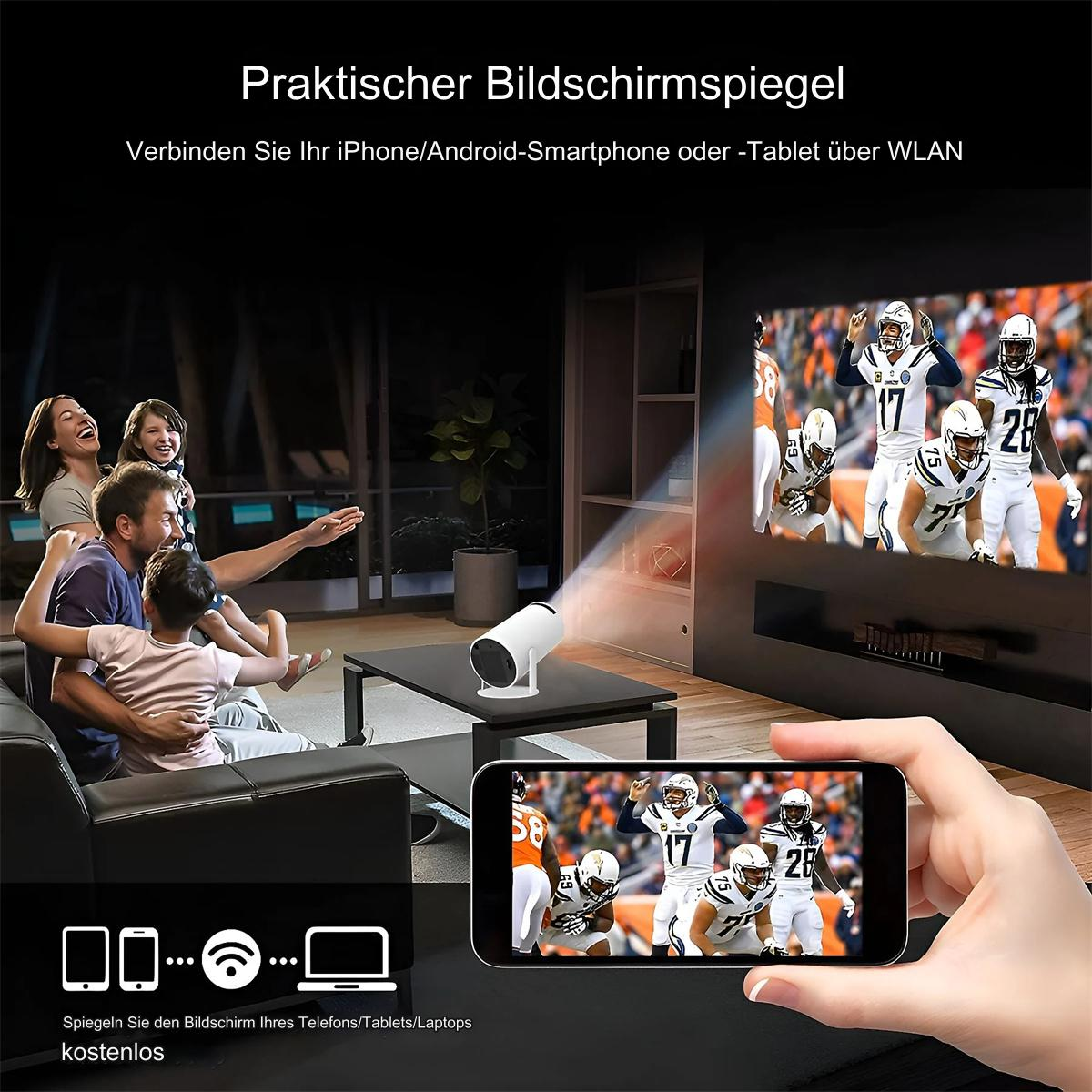 Ein Projektor zeigt ein Footballspiel an der Wand. Eine Person hält ein Telefon mit dem Spiel drauf.
